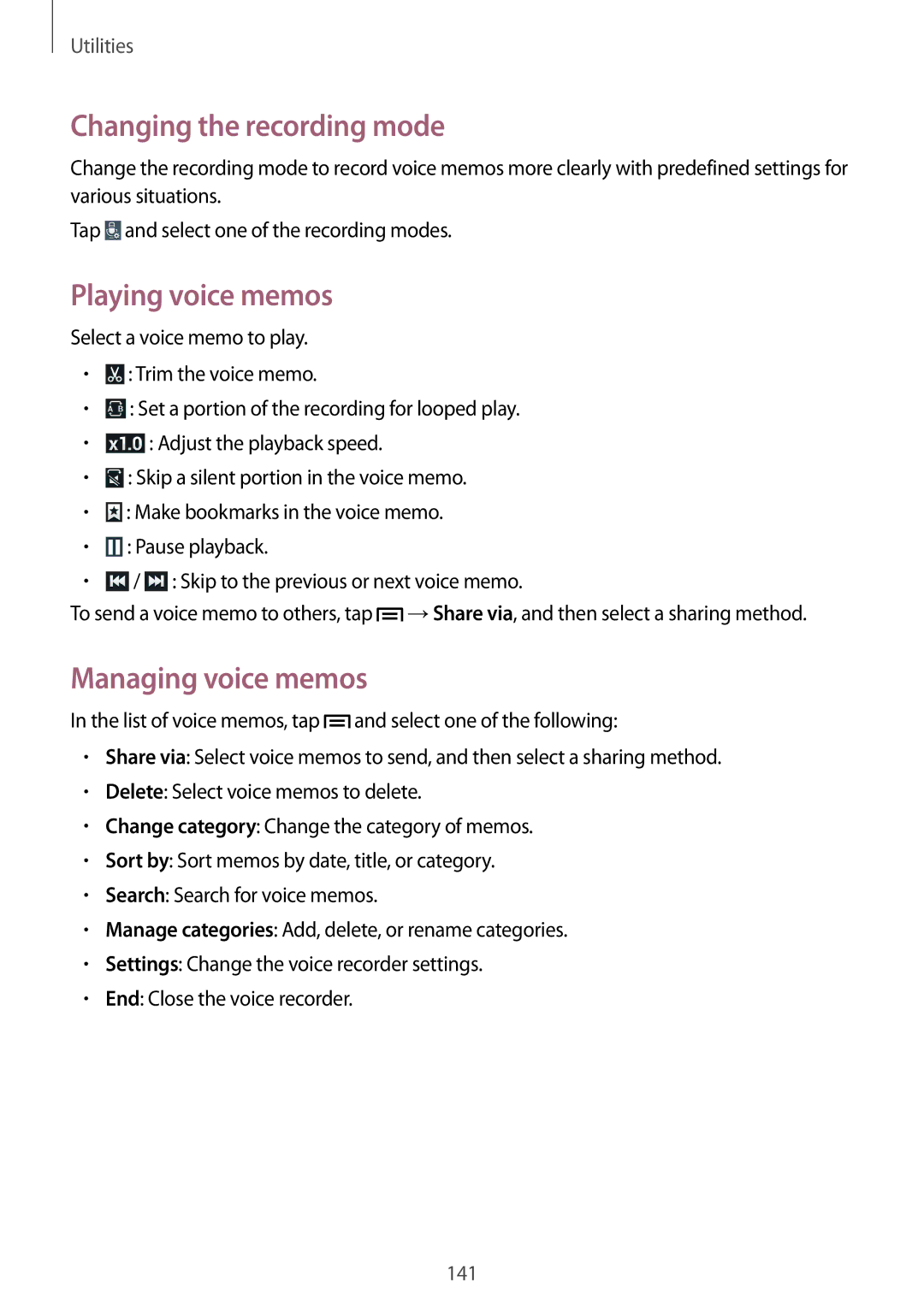 Samsung SM-N9005ZIEAFR, SM-N9005ZKEEGY manual Changing the recording mode, Playing voice memos, Managing voice memos 