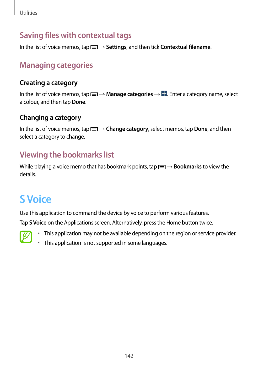 Samsung SM-N9005ZKEAFR manual Voice, Saving files with contextual tags, Managing categories, Viewing the bookmarks list 