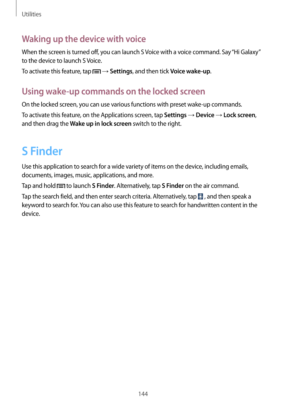 Samsung SM-N9005BDEEGY manual Finder, Waking up the device with voice, Using wake-up commands on the locked screen 