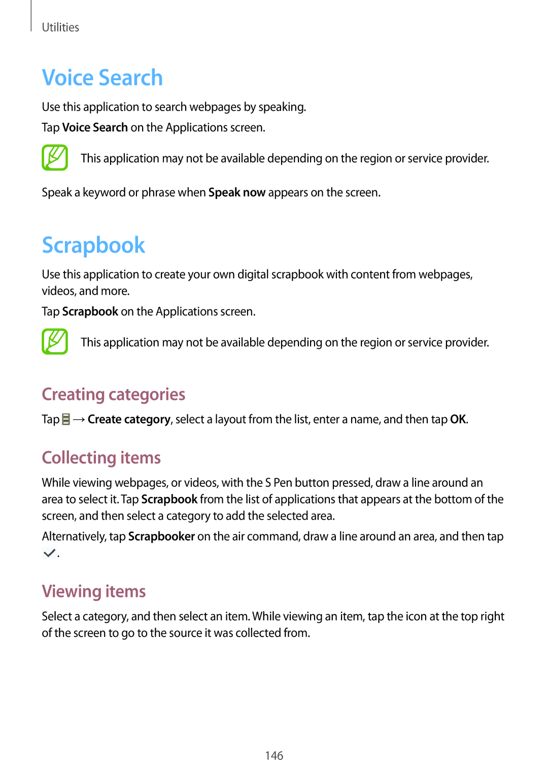 Samsung SM-N9005WDEEGY, SM-N9005ZKEEGY manual Voice Search, Scrapbook, Creating categories, Collecting items, Viewing items 