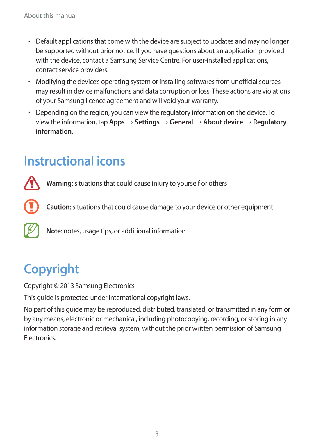 Samsung SM-N9005ZREAFR, SM-N9005ZKEEGY, SM-N9005ZIEEGY, SM-N9005ZIEKSA Instructional icons Copyright, About this manual 