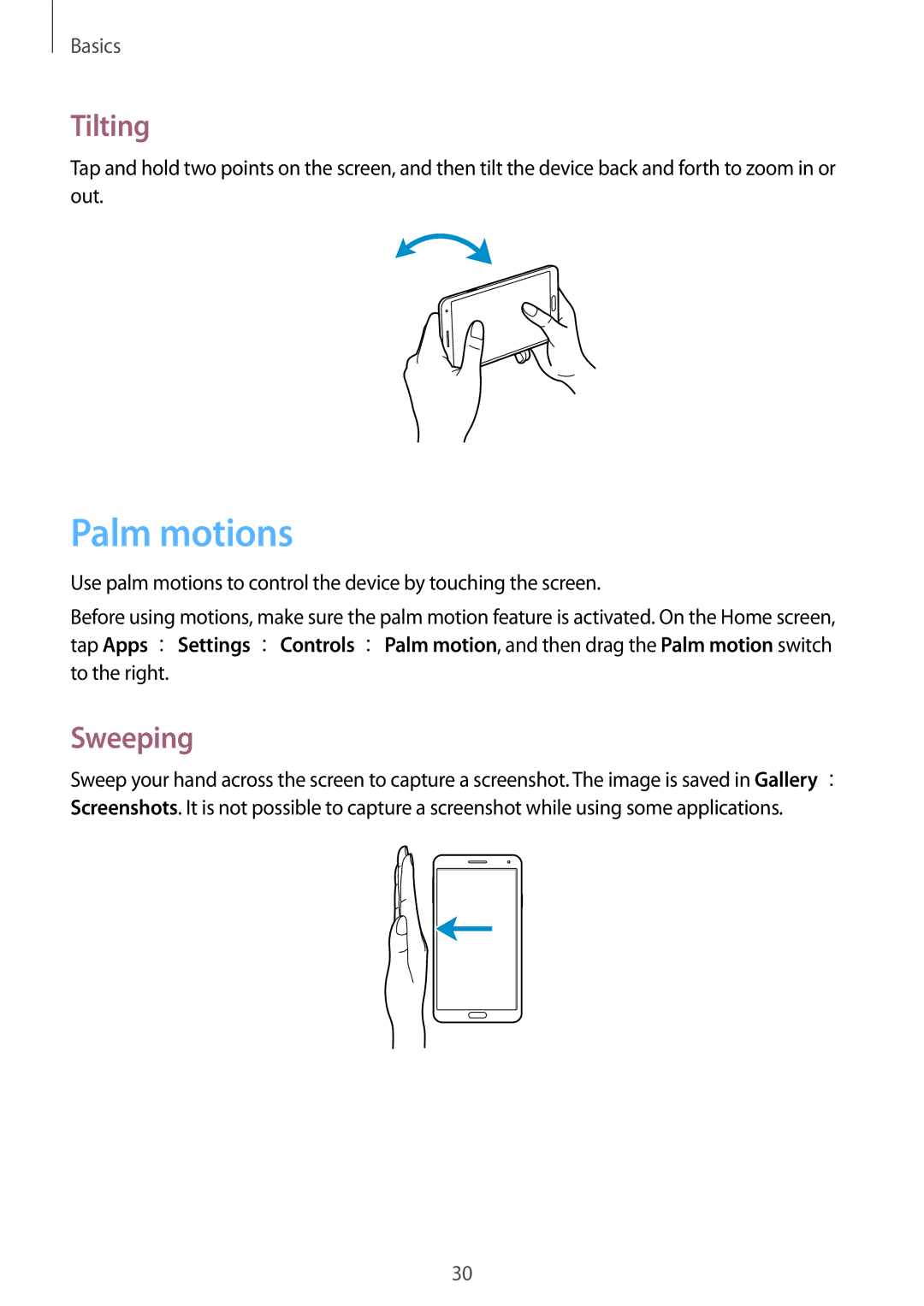 Samsung SM-N9005BDEAFR, SM-N9005ZKEEGY, SM-N9005ZIEEGY, SM-N9005ZIEKSA, SM-N9005ZREAFR manual Palm motions, Tilting, Sweeping 