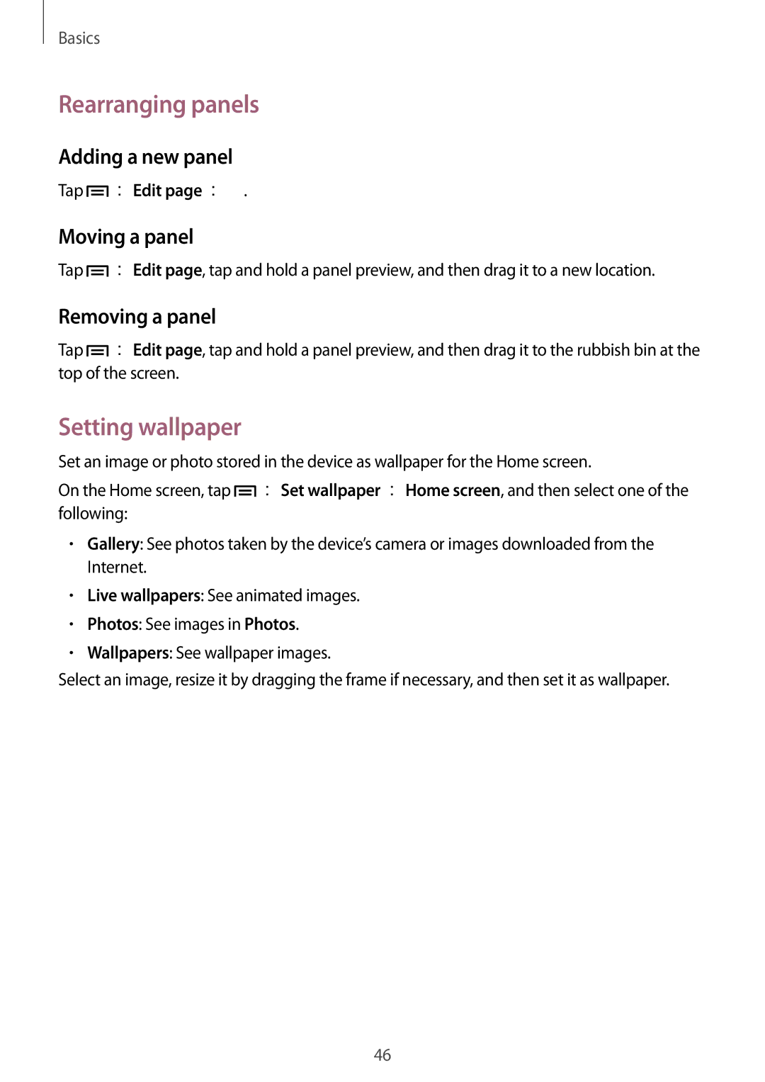 Samsung SM-N9005ZWEEGY manual Rearranging panels, Setting wallpaper, Adding a new panel, Moving a panel, Removing a panel 