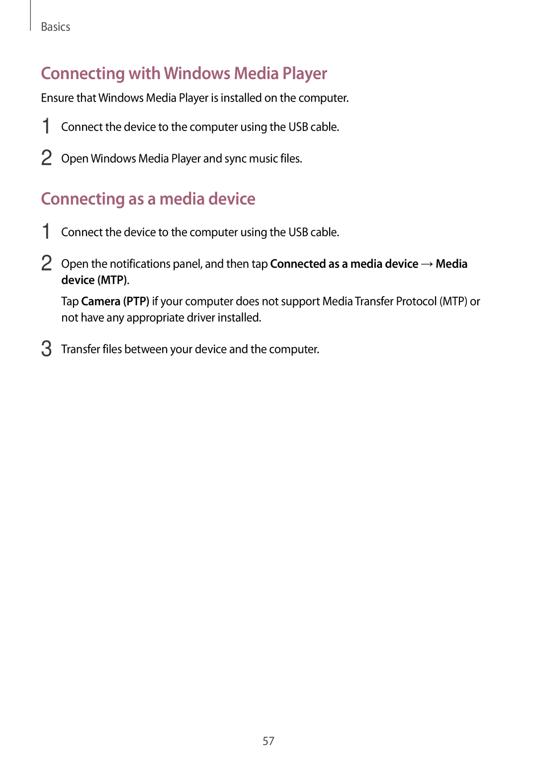 Samsung SM-N9005ZKEAFR, SM-N9005ZKEEGY manual Connecting with Windows Media Player, Connecting as a media device, Device MTP 