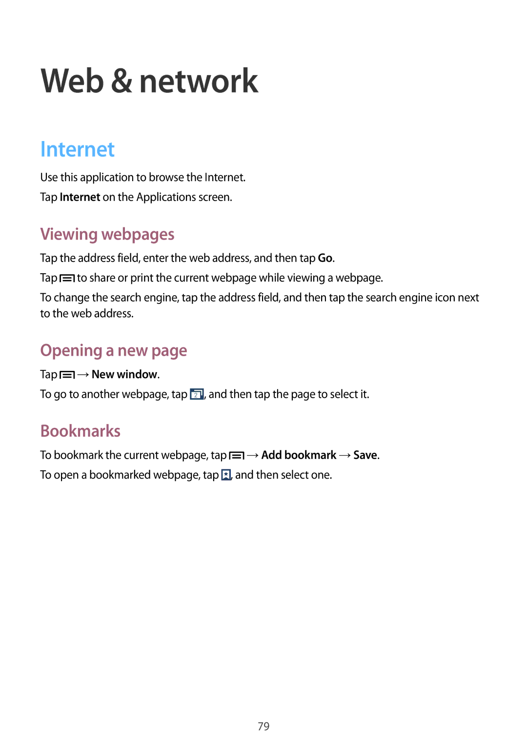 Samsung SM-N9005ZWEAFR, SM-N9005ZKEEGY manual Internet, Viewing webpages, Opening a new, Bookmarks, Tap →New window 