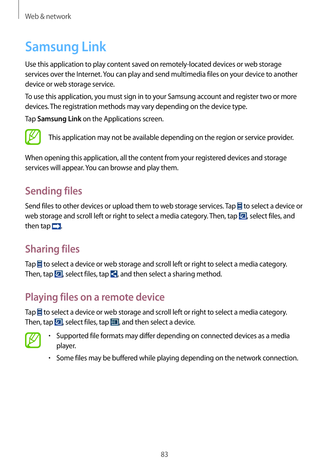 Samsung SM-N9005ZKEKSA, SM-N9005ZKEEGY manual Samsung Link, Sending files, Sharing files, Playing files on a remote device 