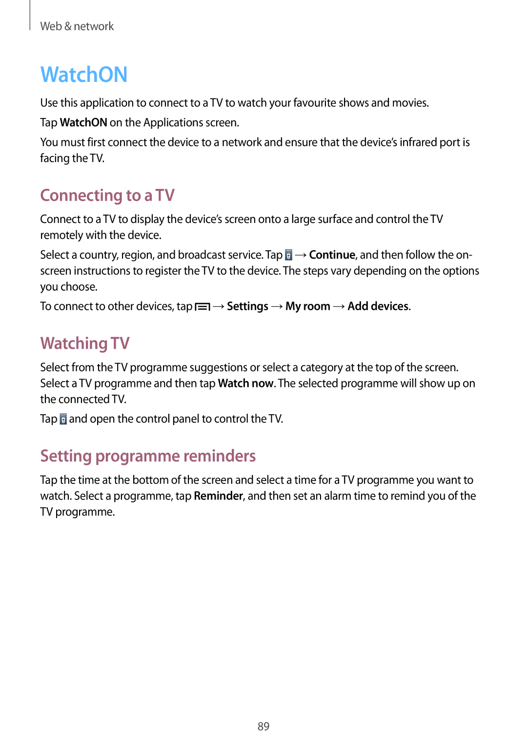 Samsung SM-N9005WDEKSA, SM-N9005ZKEEGY manual WatchON, Connecting to a TV, Watching TV, Setting programme reminders 