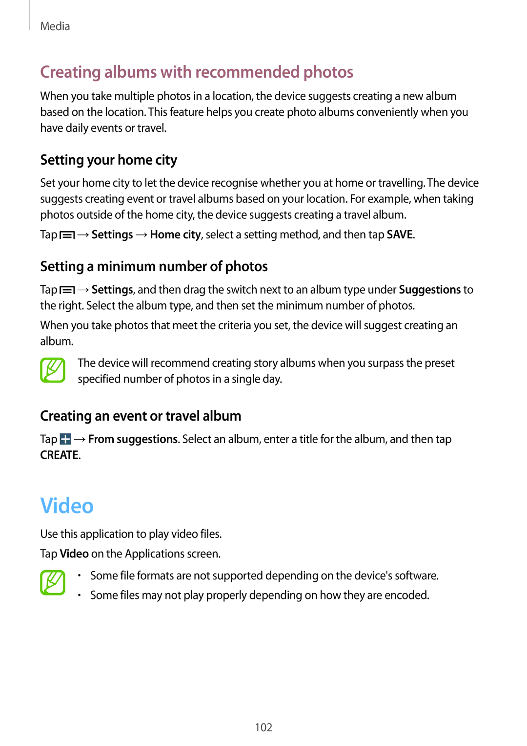 Samsung SM-N9005ZKEEGY, SM-N9005ZIEEGY manual Video, Creating albums with recommended photos, Setting your home city 