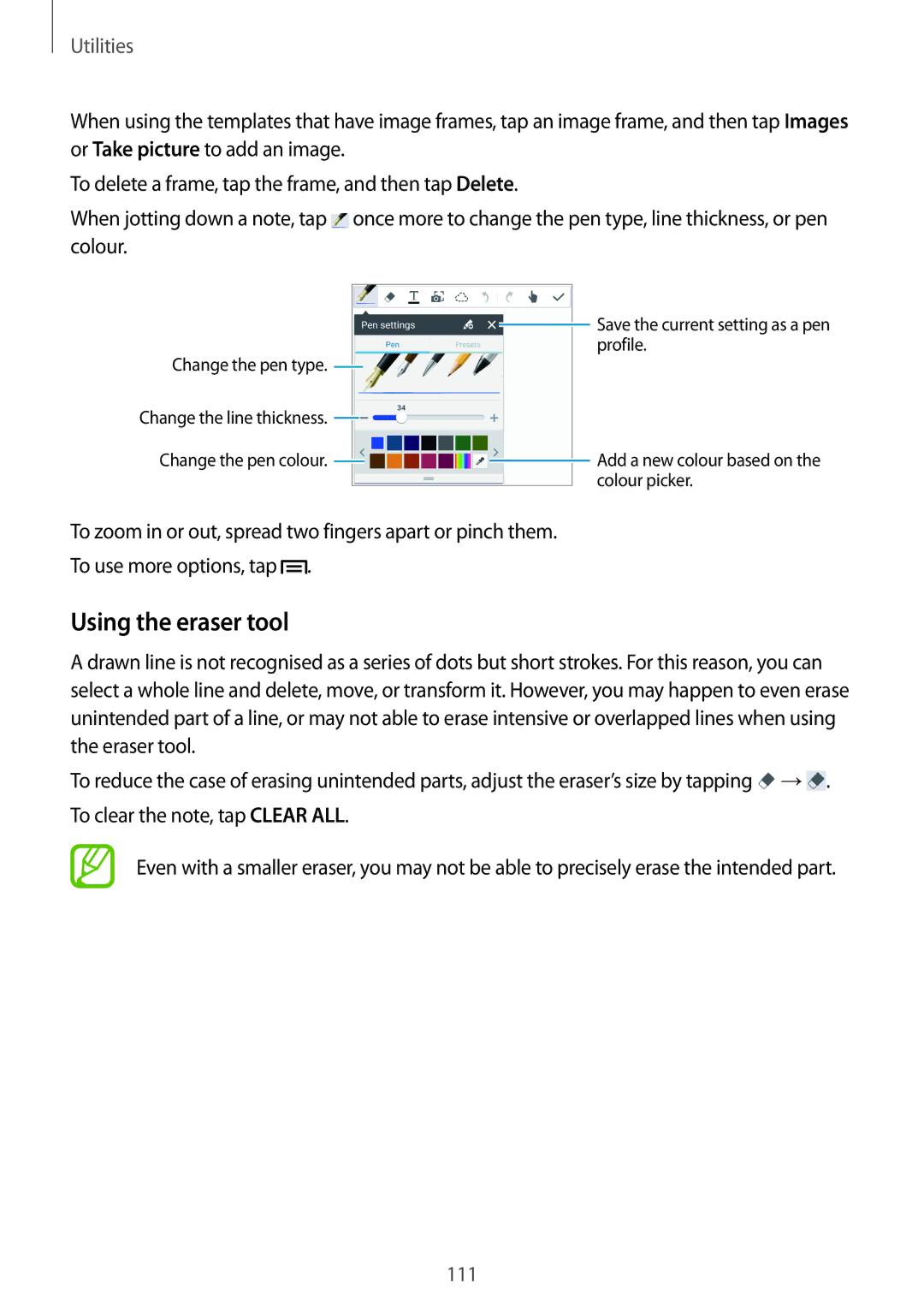 Samsung SM-N9005BDEKSA, SM-N9005ZKEEGY, SM-N9005ZIEEGY, SM-N9005ZIEKSA, SM-N9005ZREAFR manual Using the eraser tool, Utilities 