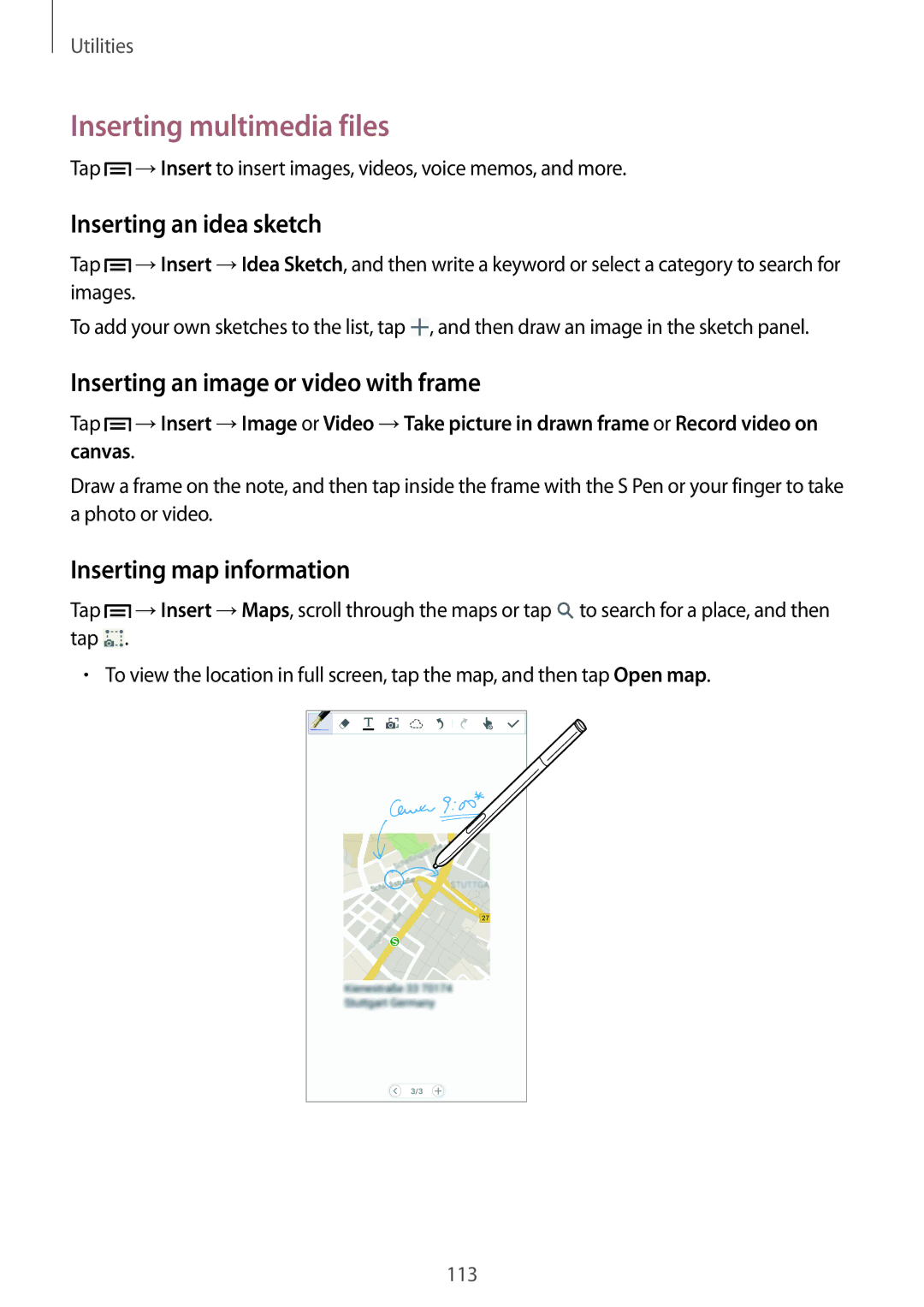 Samsung SM-N9005ZWEAFR manual Inserting multimedia files, Inserting an idea sketch, Inserting an image or video with frame 