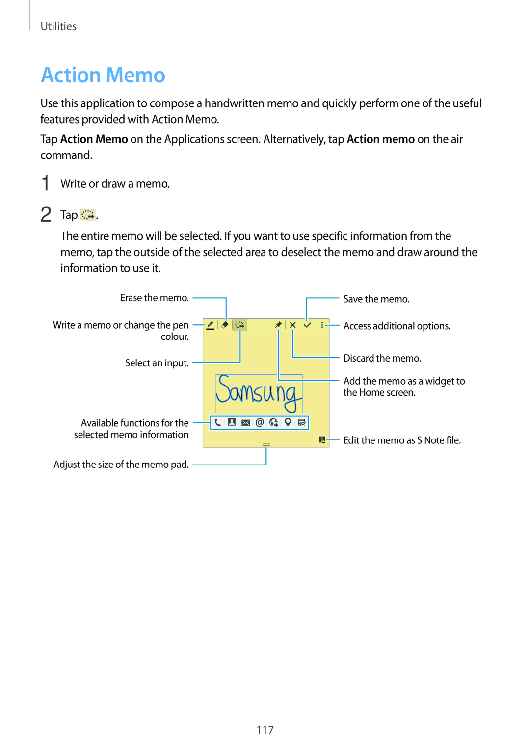 Samsung SM-N9005ZKEKSA, SM-N9005ZKEEGY, SM-N9005ZIEEGY, SM-N9005ZIEKSA, SM-N9005ZREAFR, SM-N9005WDEKSA manual Action Memo 