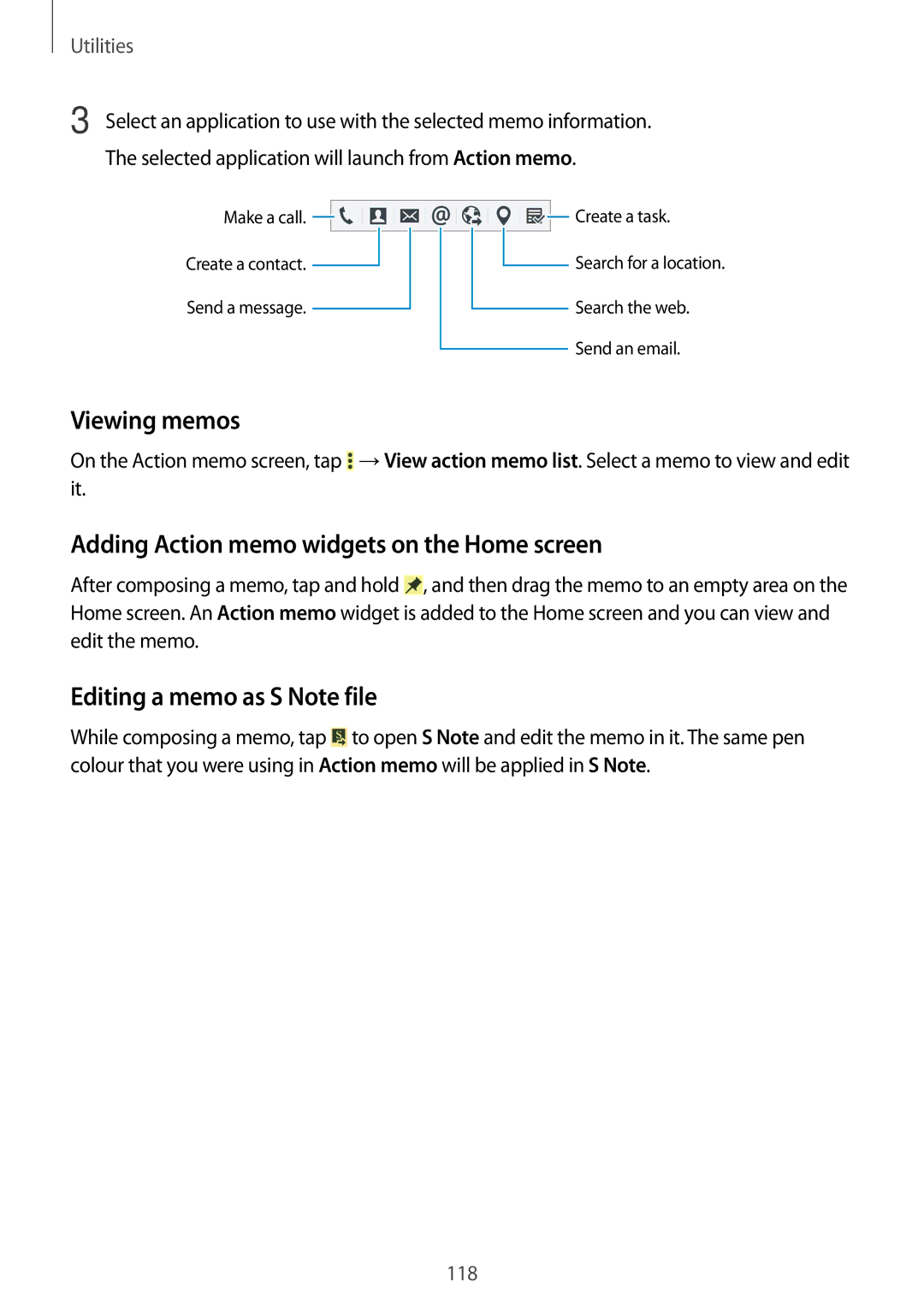 Samsung SM-N9005ZREKSA manual Viewing memos, Adding Action memo widgets on the Home screen, Editing a memo as S Note file 