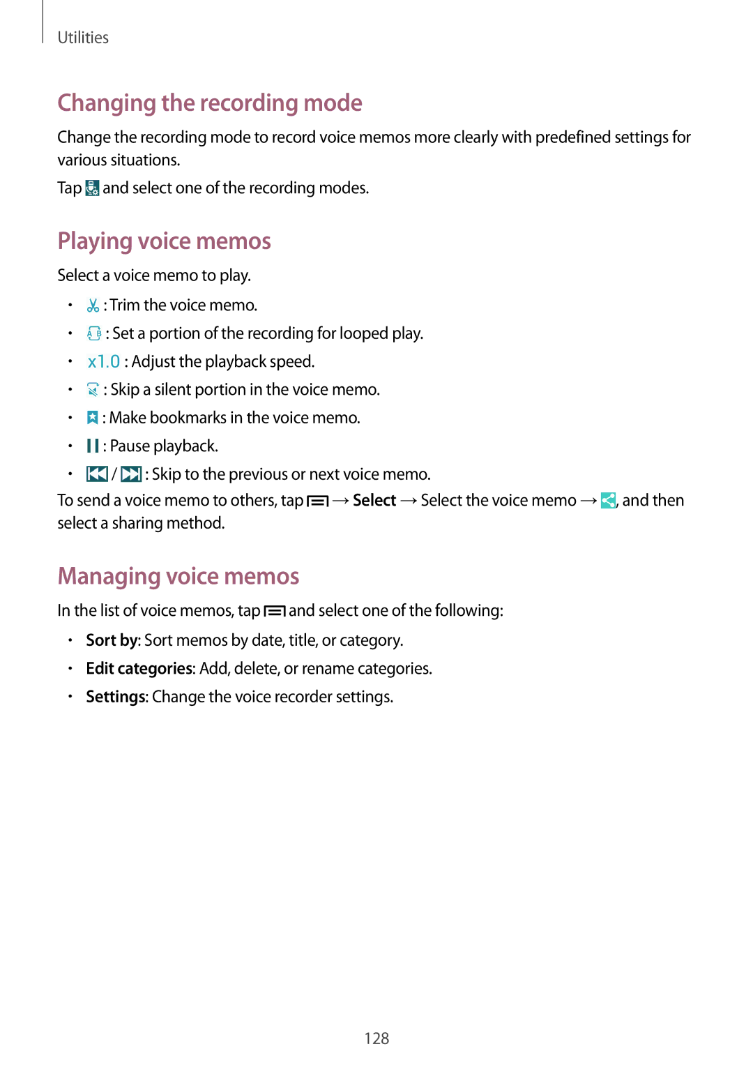 Samsung SM-N9005BDEKSA, SM-N9005ZKEEGY manual Changing the recording mode, Playing voice memos, Managing voice memos 