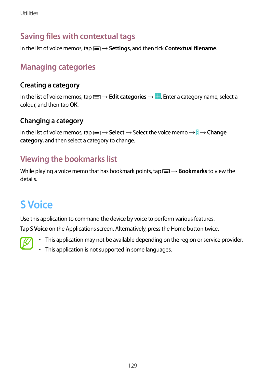 Samsung SM-N9005WDEEGY manual Voice, Saving files with contextual tags, Managing categories, Viewing the bookmarks list 