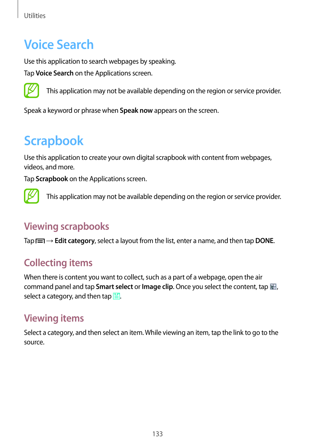 Samsung SM-N9005ZREEGY, SM-N9005ZKEEGY manual Voice Search, Scrapbook, Viewing scrapbooks, Collecting items, Viewing items 