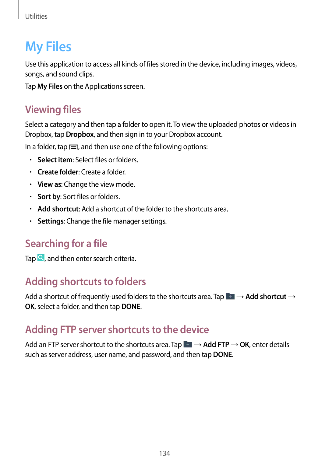 Samsung SM-N9005ZKEKSA, SM-N9005ZKEEGY manual My Files, Viewing files, Searching for a file, Adding shortcuts to folders 
