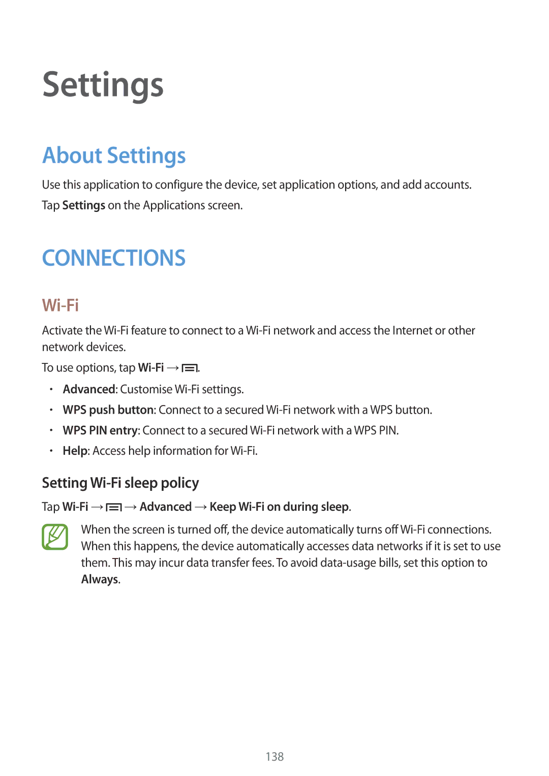 Samsung SM-N9005ZIEKSA, SM-N9005ZKEEGY, SM-N9005ZIEEGY, SM-N9005ZREAFR About Settings, Setting Wi-Fi sleep policy 