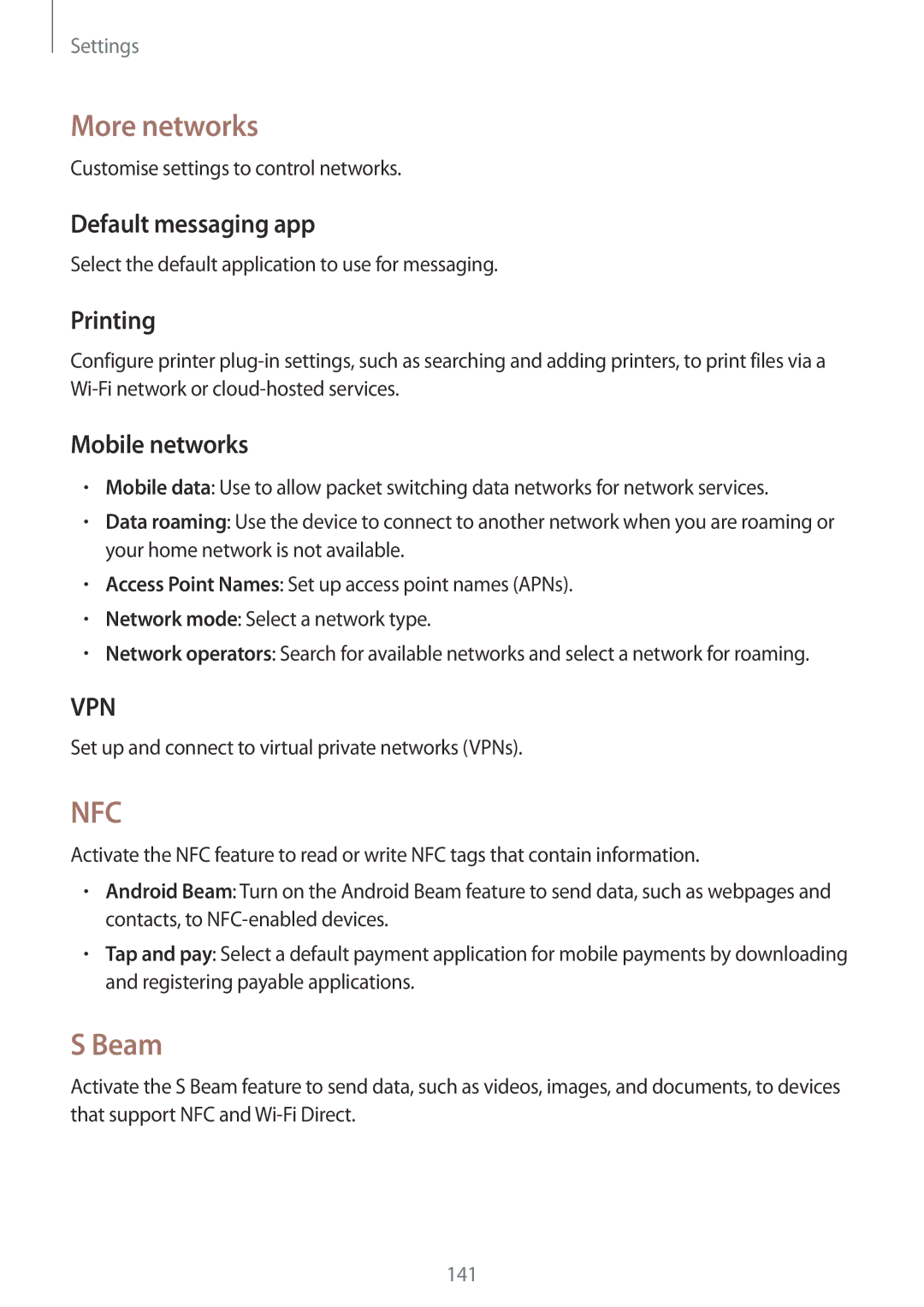 Samsung SM-N9005ZIEAFR, SM-N9005ZKEEGY manual More networks, Beam, Default messaging app, Printing, Mobile networks 