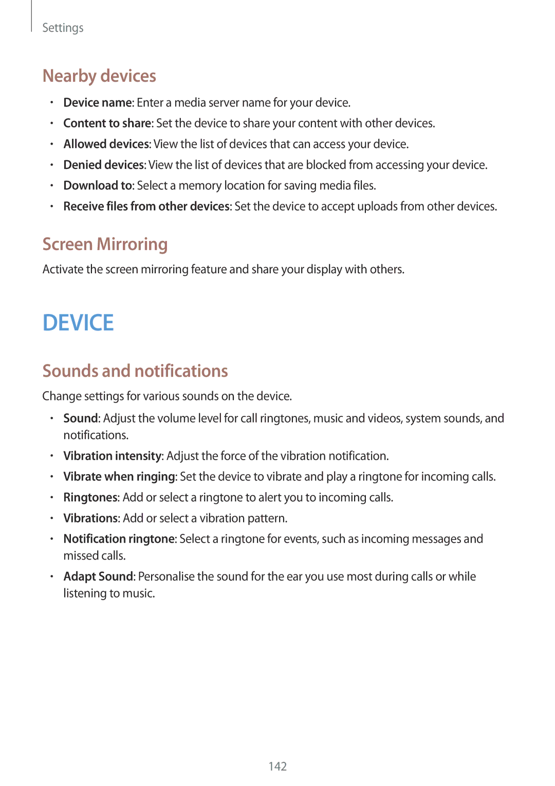 Samsung SM-N9005ZKEAFR, SM-N9005ZKEEGY, SM-N9005ZIEEGY manual Nearby devices, Screen Mirroring, Sounds and notifications 