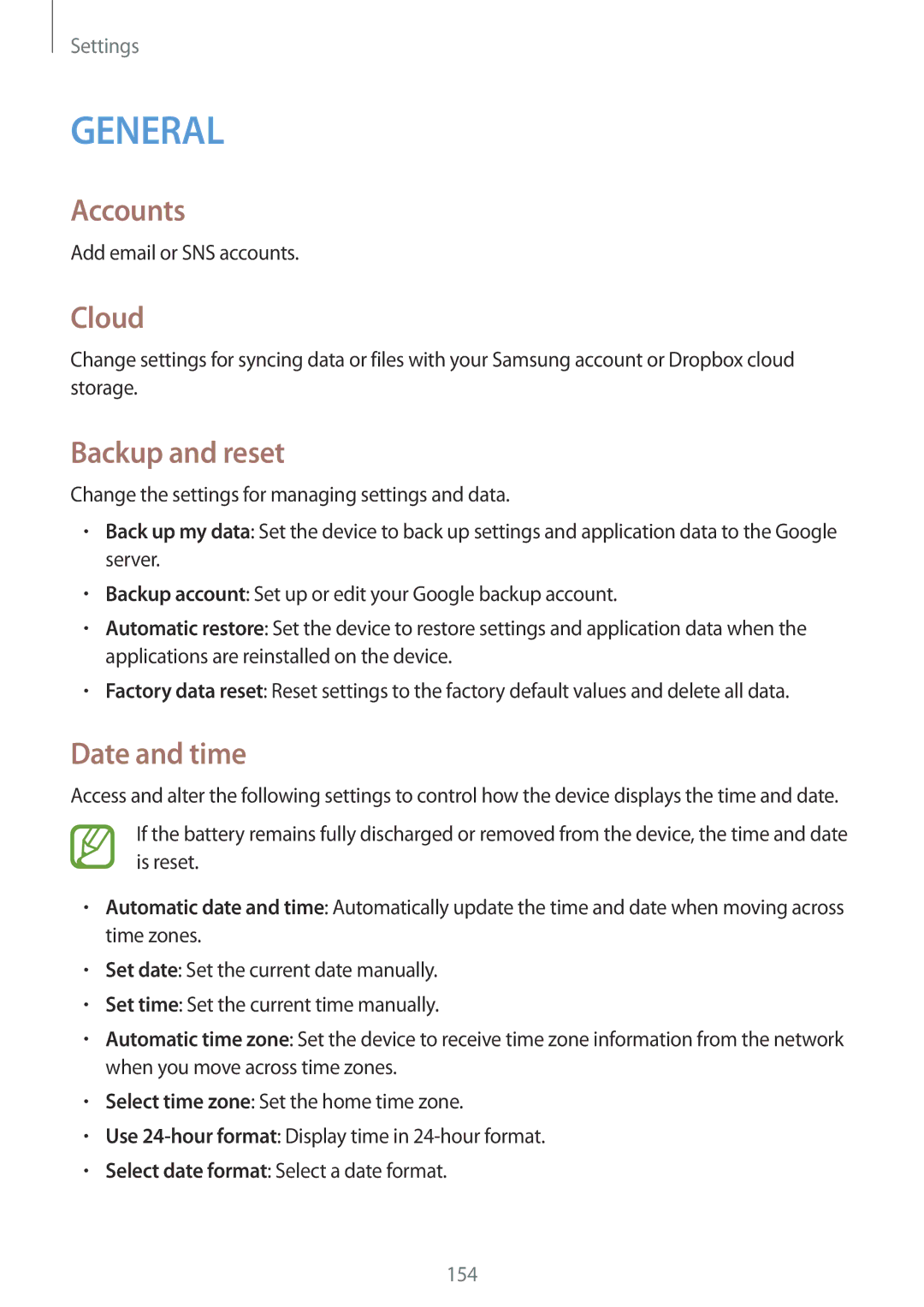 Samsung SM-N9005ZIEEGY, SM-N9005ZKEEGY, SM-N9005ZIEKSA, SM-N9005ZREAFR manual Accounts, Cloud, Backup and reset, Date and time 