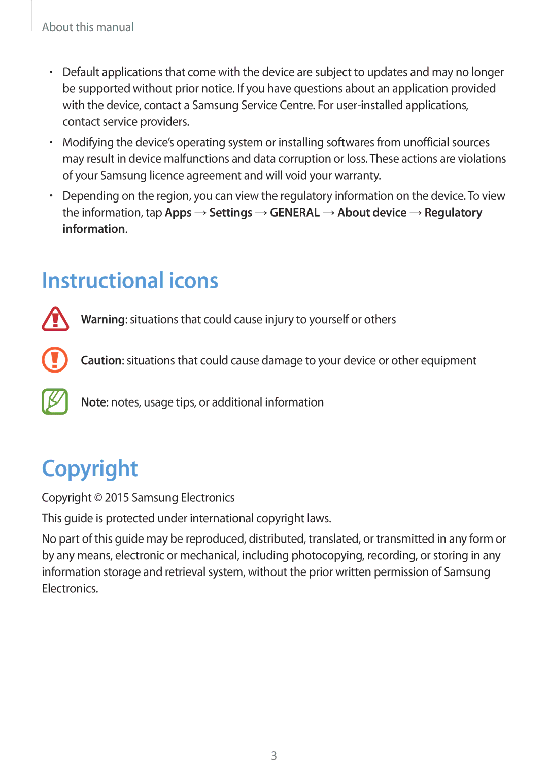 Samsung SM-N9005ZREAFR, SM-N9005ZKEEGY, SM-N9005ZIEEGY, SM-N9005ZIEKSA Instructional icons Copyright, About this manual 