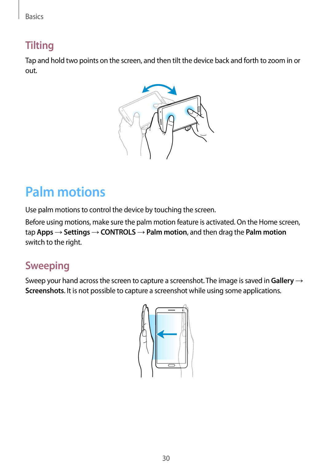 Samsung SM-N9005BDEAFR, SM-N9005ZKEEGY, SM-N9005ZIEEGY, SM-N9005ZIEKSA, SM-N9005ZREAFR manual Palm motions, Tilting, Sweeping 