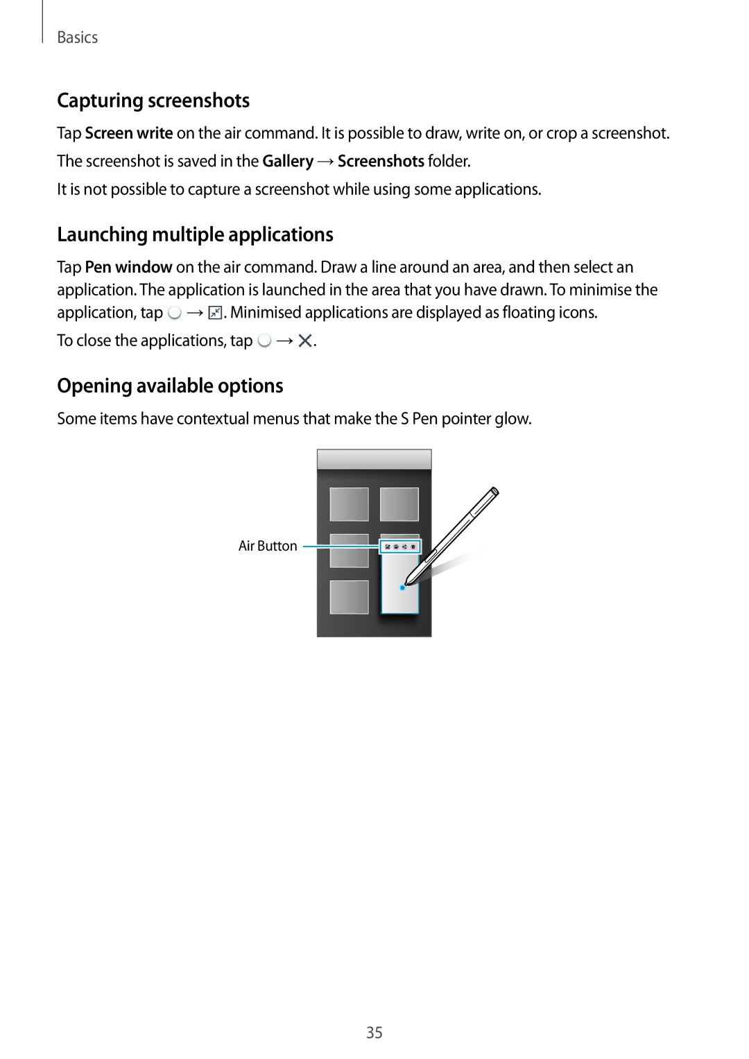 Samsung SM-N9005ZIEEGY, SM-N9005ZKEEGY Capturing screenshots, Launching multiple applications, Opening available options 