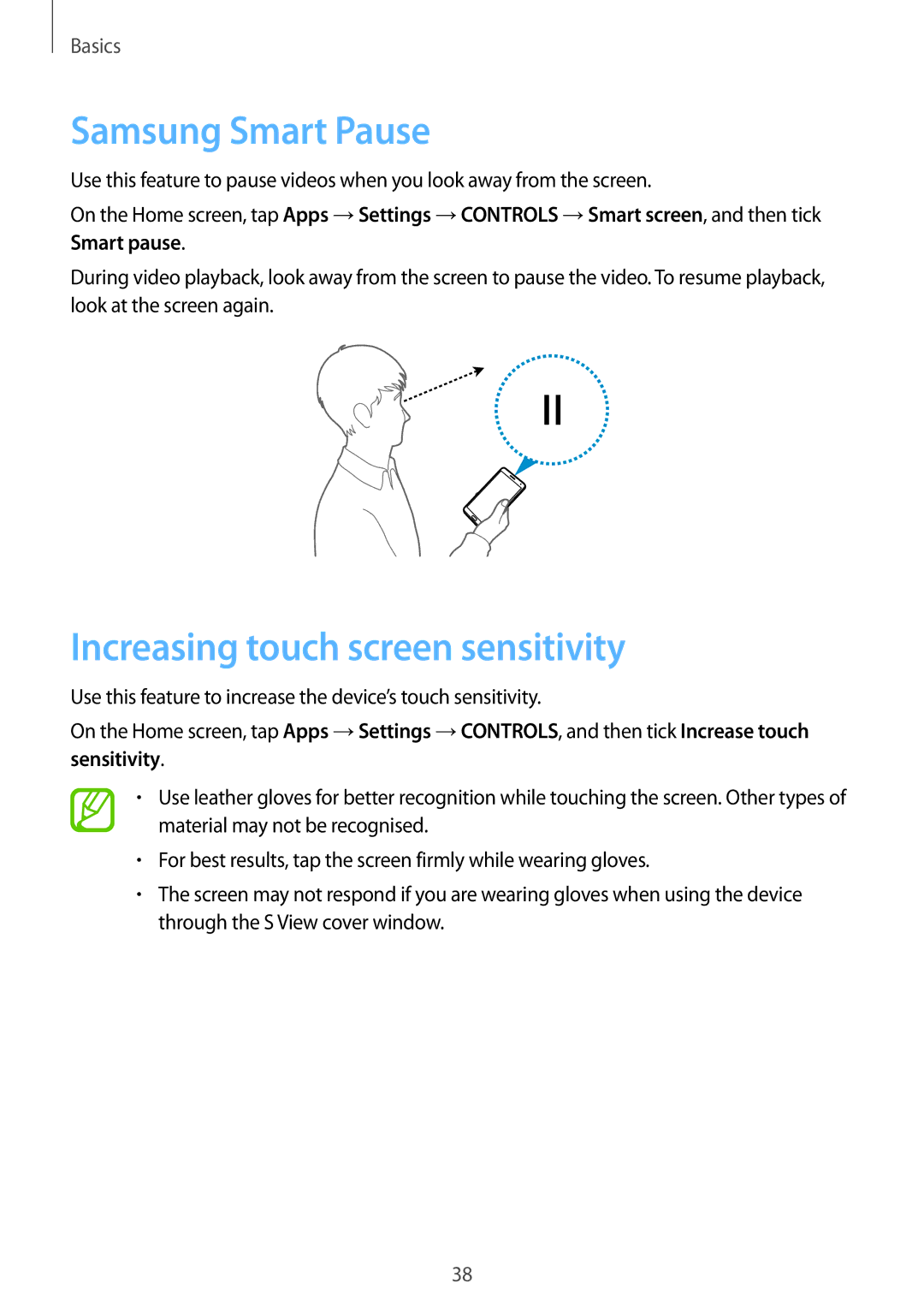 Samsung SM-N9005WDEKSA, SM-N9005ZKEEGY, SM-N9005ZIEEGY manual Samsung Smart Pause, Increasing touch screen sensitivity 