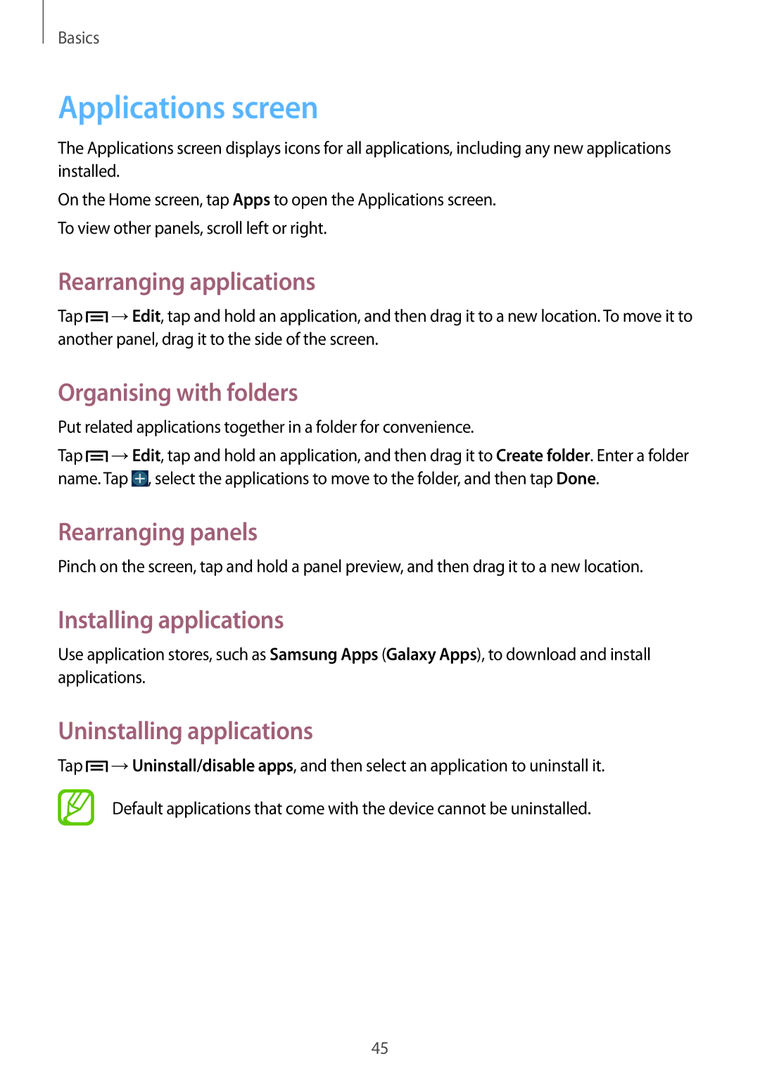 Samsung SM-N9005ZWEAFR Applications screen, Rearranging applications, Organising with folders, Installing applications 