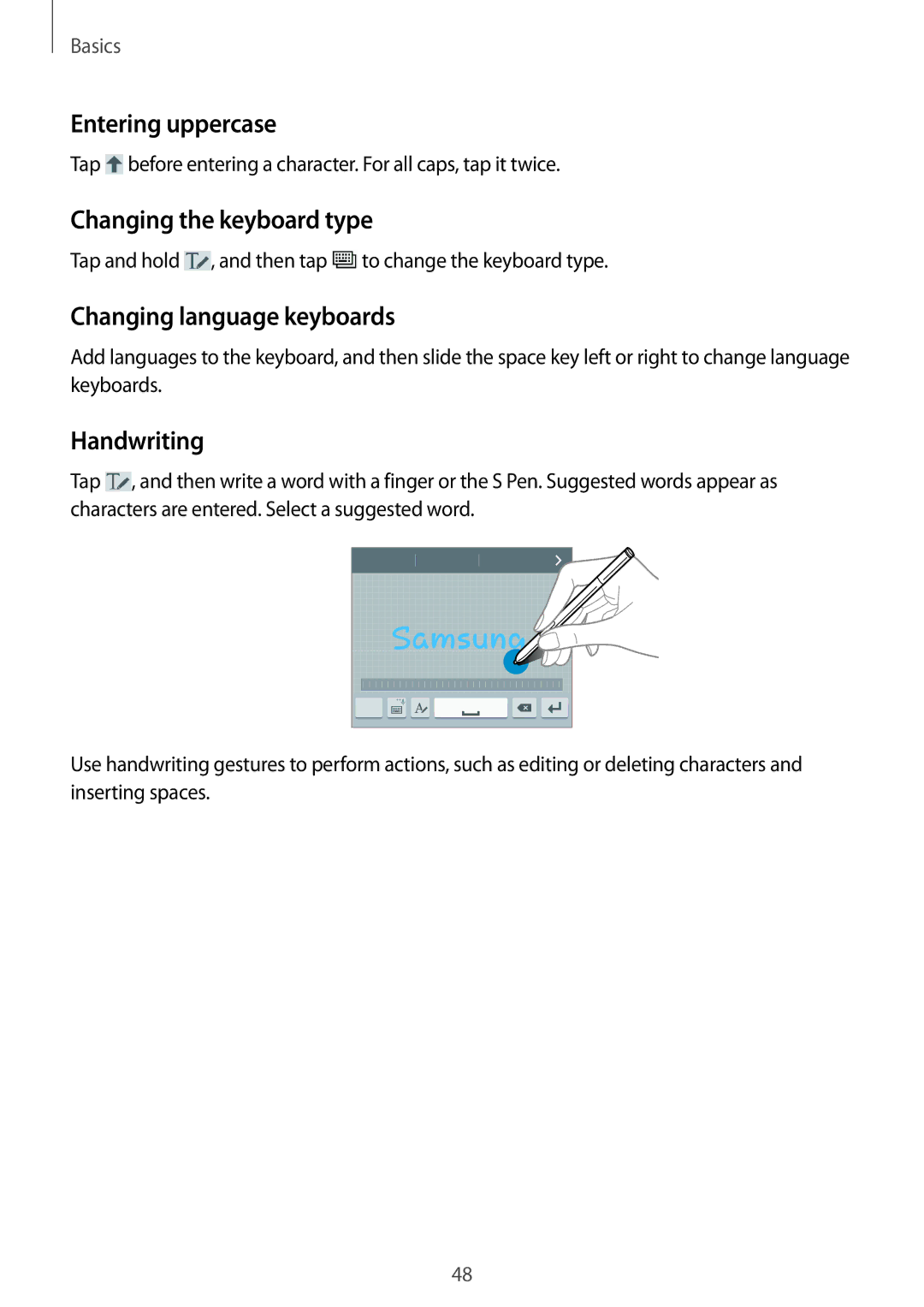 Samsung SM-N9005ZREEGY manual Entering uppercase, Changing the keyboard type, Changing language keyboards, Handwriting 