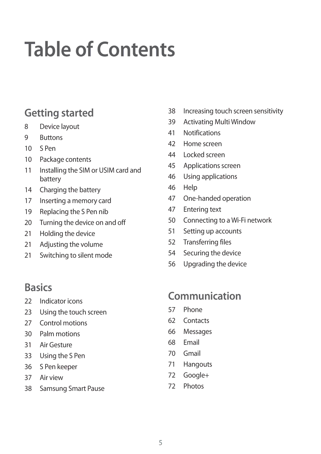 Samsung SM-N9005ZIEAFR, SM-N9005ZKEEGY, SM-N9005ZIEEGY, SM-N9005ZIEKSA, SM-N9005ZREAFR, SM-N9005WDEKSA manual Table of Contents 