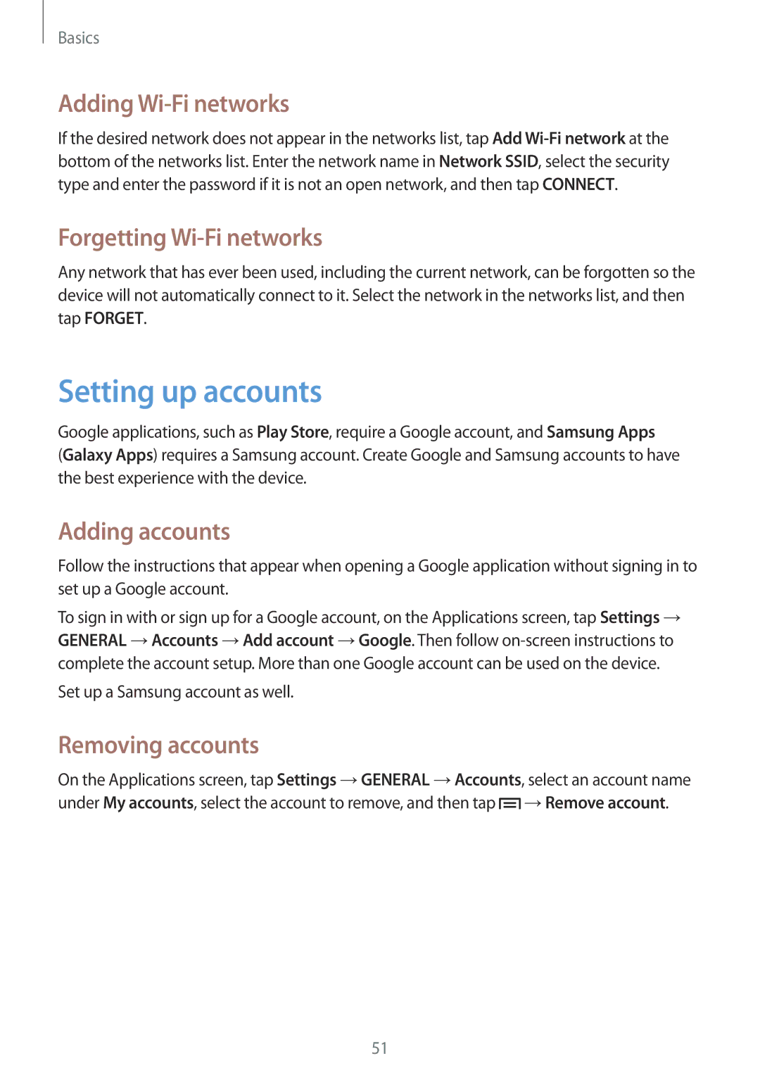 Samsung SM-N9005ZKEEGY manual Setting up accounts, Adding Wi-Fi networks, Forgetting Wi-Fi networks, Adding accounts 