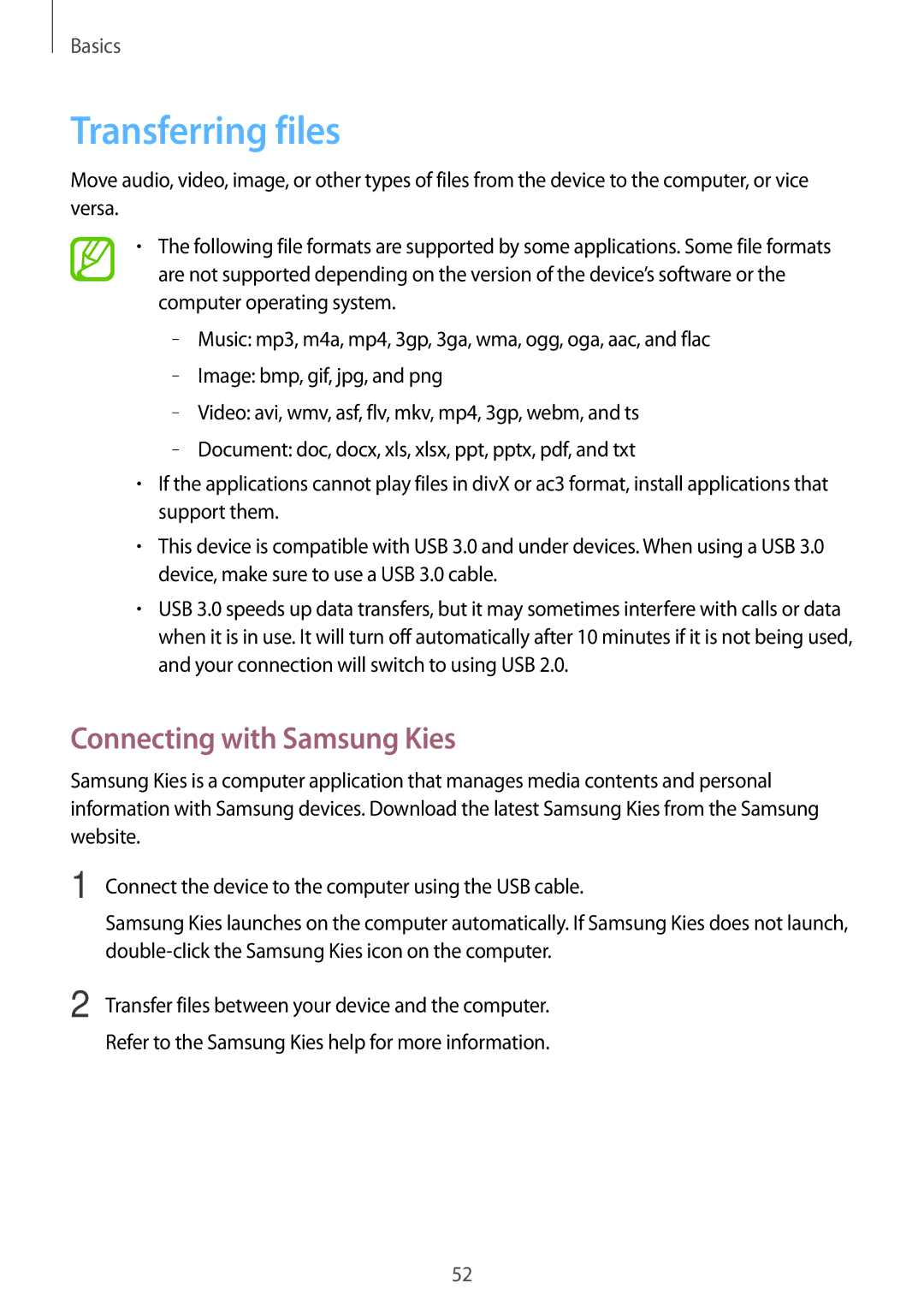 Samsung SM-N9005ZIEEGY, SM-N9005ZKEEGY, SM-N9005ZIEKSA, SM-N9005ZREAFR manual Transferring files, Connecting with Samsung Kies 