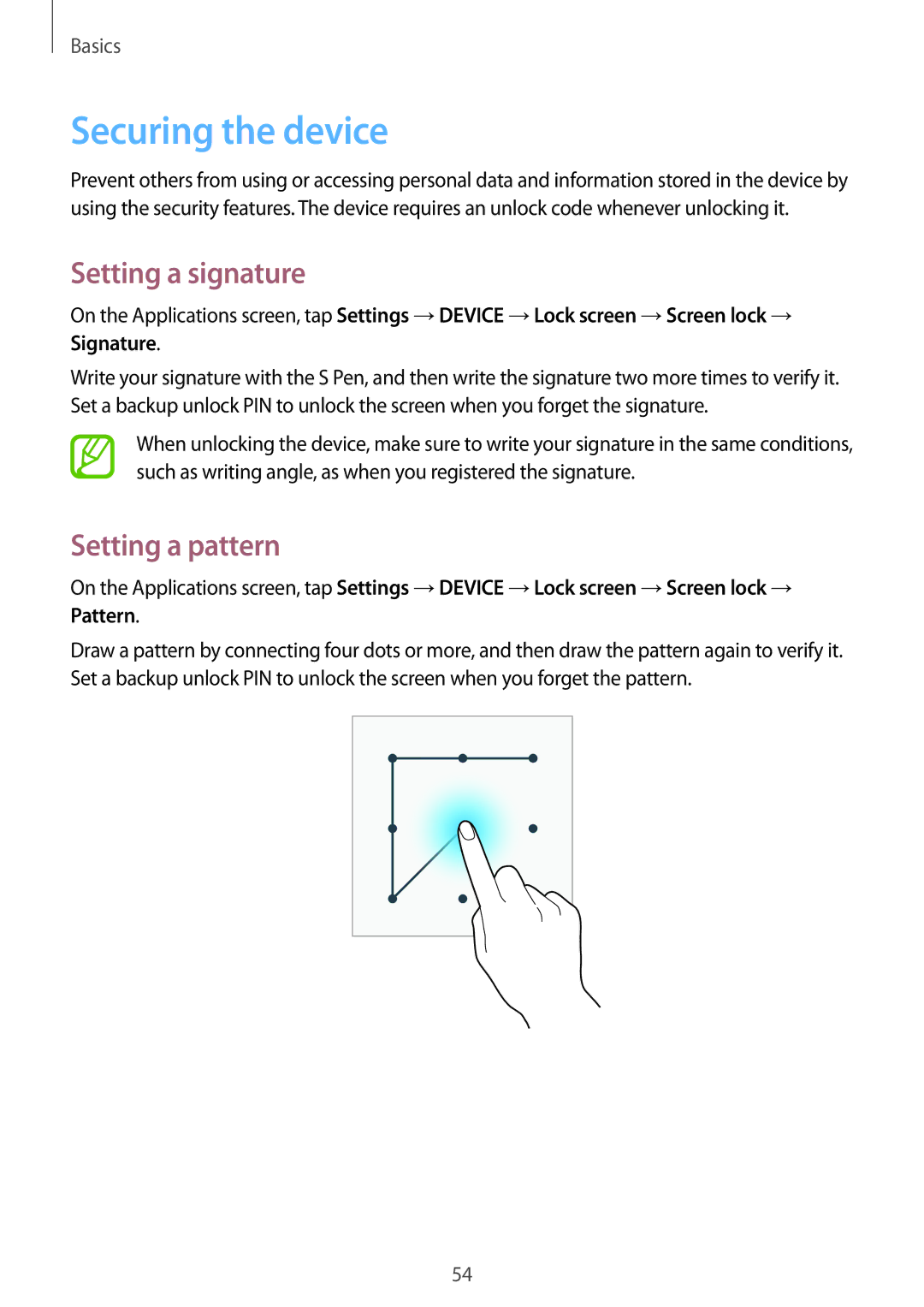 Samsung SM-N9005ZREAFR, SM-N9005ZKEEGY, SM-N9005ZIEEGY manual Securing the device, Setting a signature, Setting a pattern 