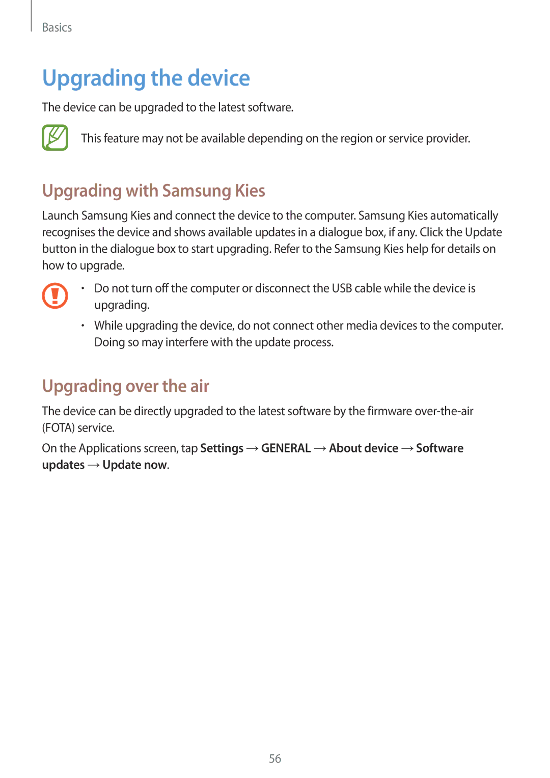 Samsung SM-N9005ZIEAFR, SM-N9005ZKEEGY manual Upgrading the device, Upgrading with Samsung Kies, Upgrading over the air 