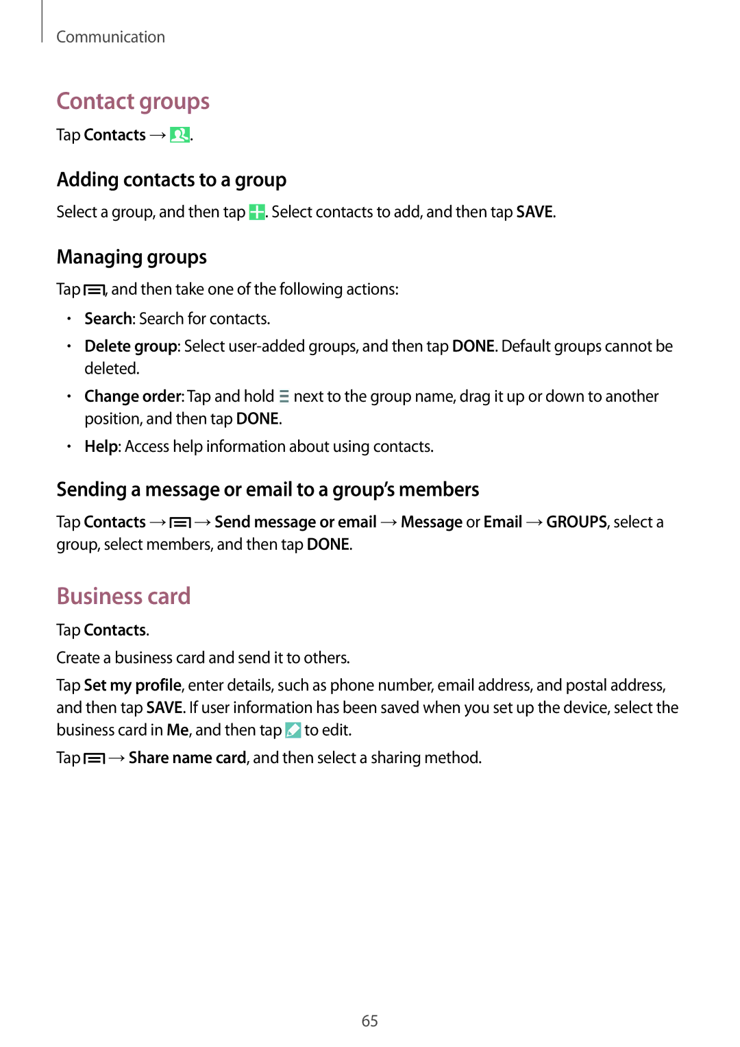 Samsung SM-N9005ZREEGY, SM-N9005ZKEEGY manual Contact groups, Business card, Adding contacts to a group, Managing groups 