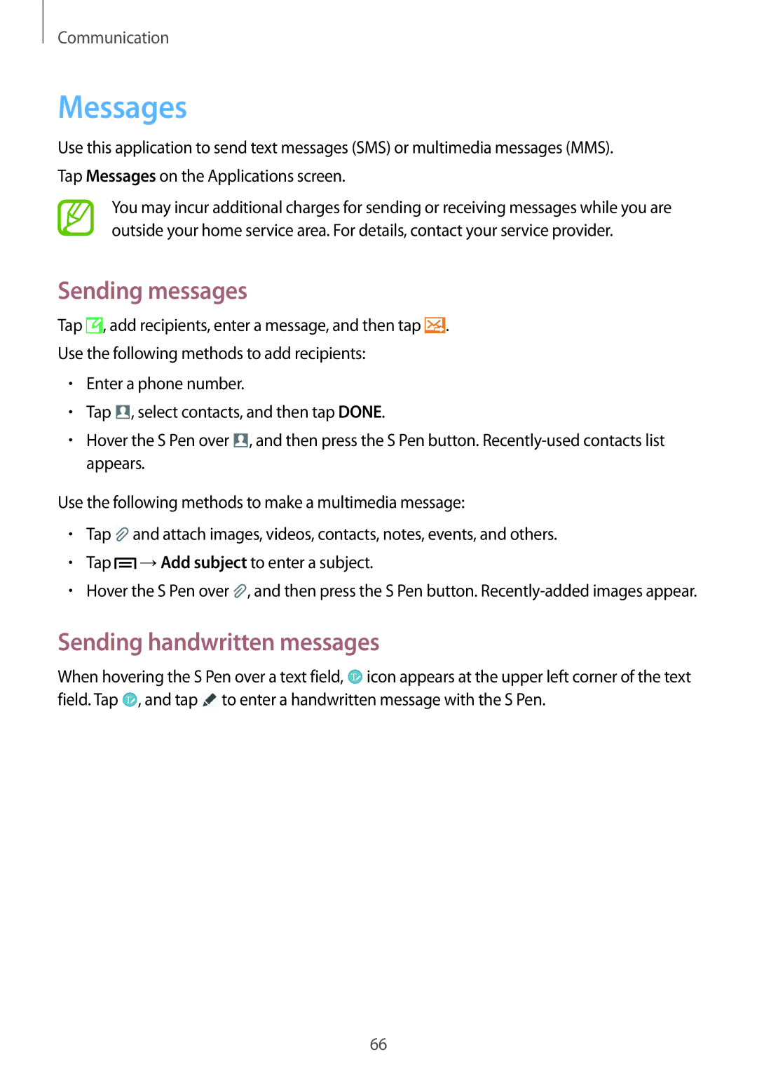 Samsung SM-N9005ZKEKSA, SM-N9005ZKEEGY, SM-N9005ZIEEGY manual Messages, Sending messages, Sending handwritten messages 