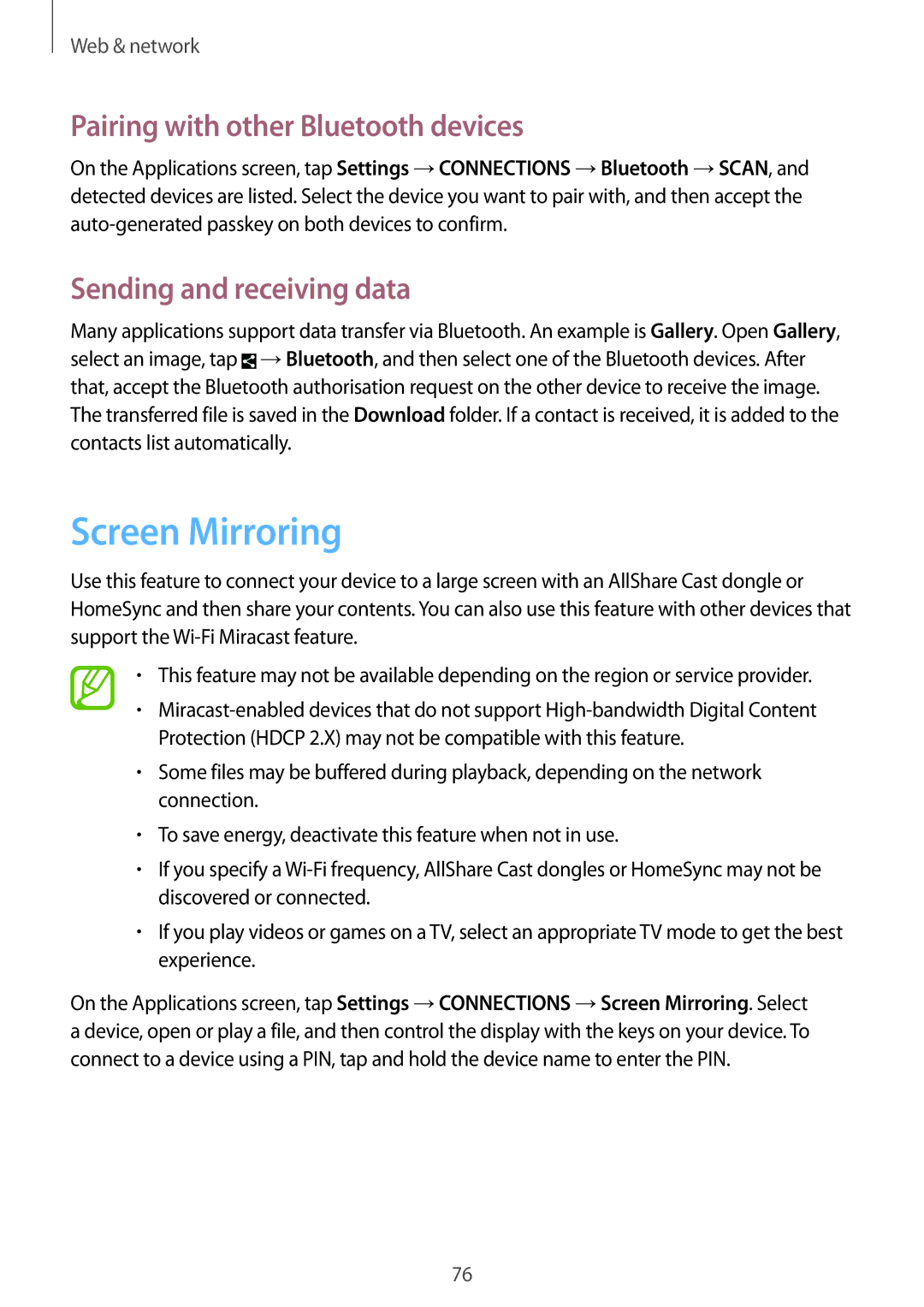 Samsung SM-N9005BDEEGY, SM-N9005ZKEEGY Screen Mirroring, Pairing with other Bluetooth devices, Sending and receiving data 