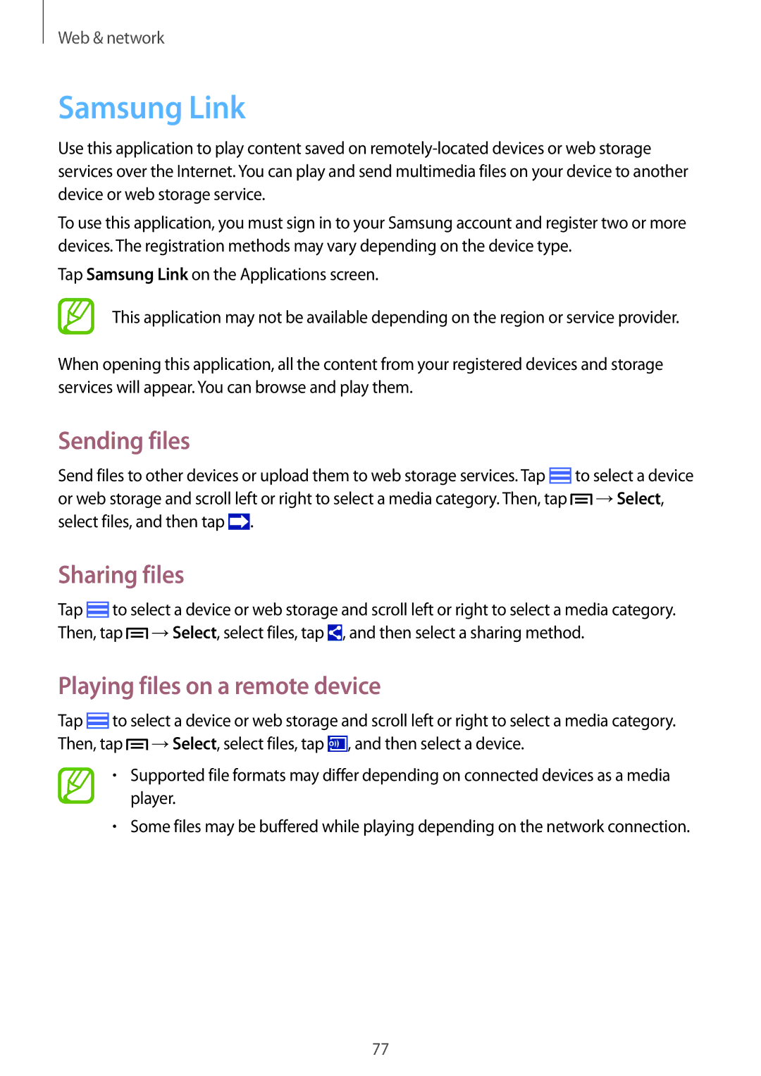 Samsung SM-N9005BDEKSA, SM-N9005ZKEEGY manual Samsung Link, Sending files, Sharing files, Playing files on a remote device 