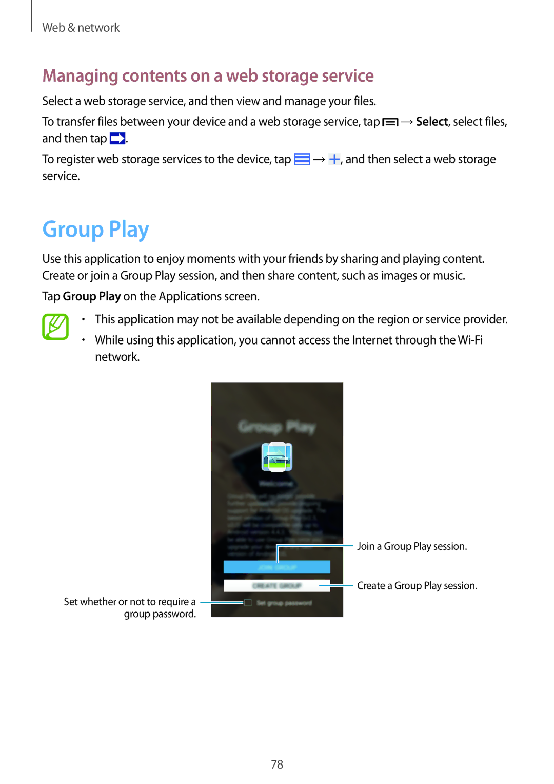 Samsung SM-N9005WDEEGY, SM-N9005ZKEEGY, SM-N9005ZIEEGY manual Group Play, Managing contents on a web storage service 