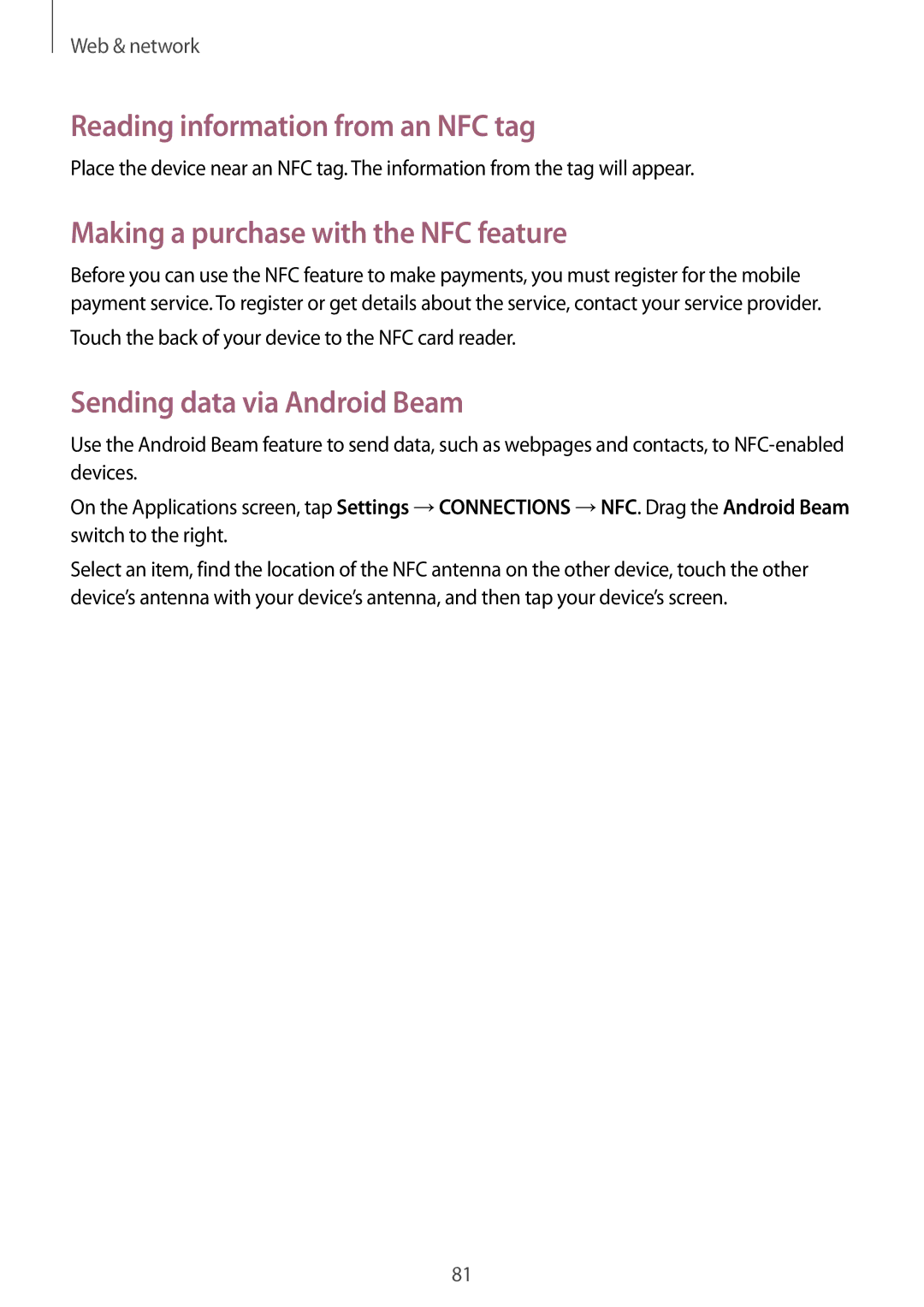 Samsung SM-N9005BDEAFR, SM-N9005ZKEEGY manual Reading information from an NFC tag, Making a purchase with the NFC feature 