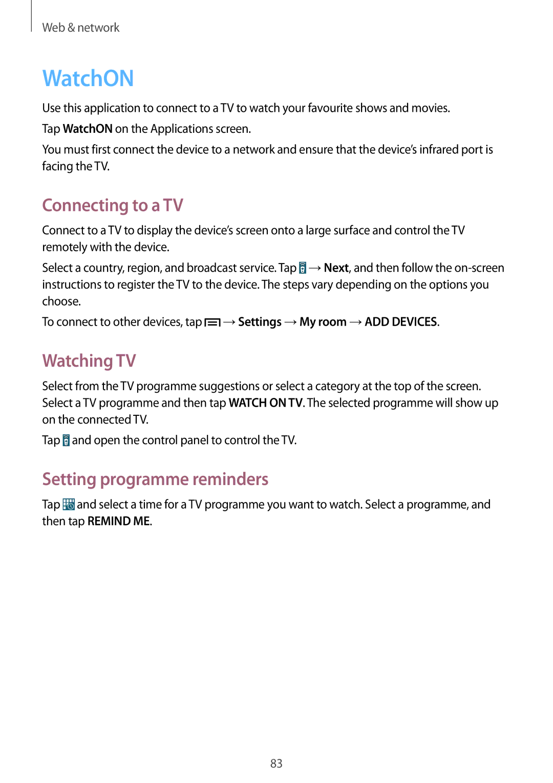 Samsung SM-N9005ZKEKSA, SM-N9005ZKEEGY manual WatchON, Connecting to a TV, Watching TV, Setting programme reminders 