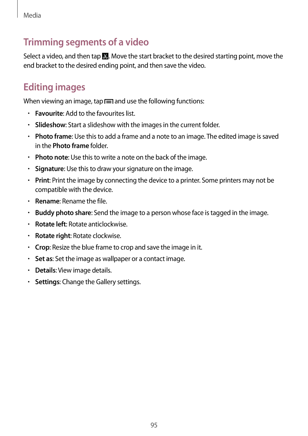 Samsung SM-N9005WDEEGY, SM-N9005ZKEEGY, SM-N9005ZIEEGY, SM-N9005ZIEKSA manual Trimming segments of a video, Editing images 