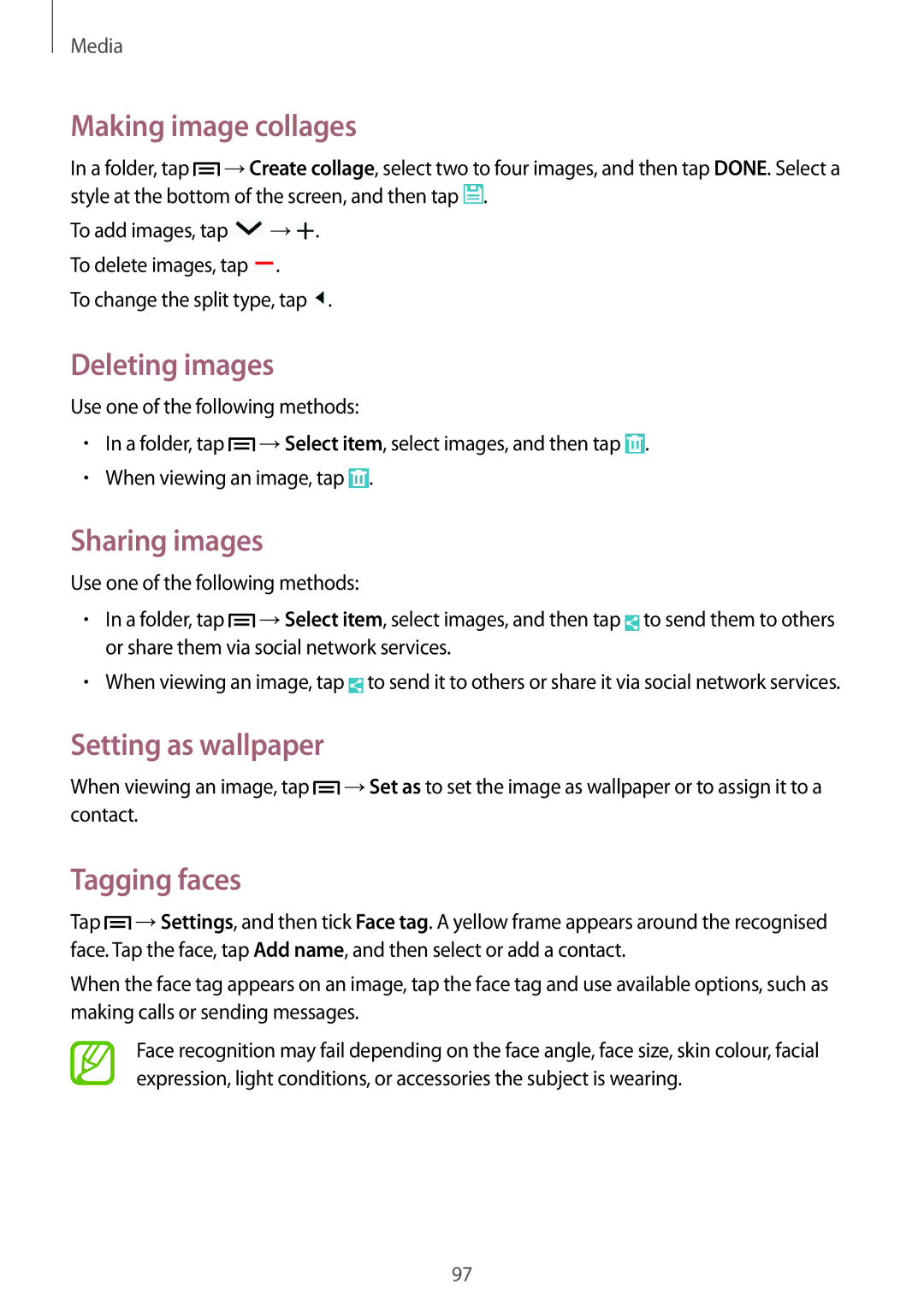 Samsung SM-N9005ZWEEGY manual Making image collages, Deleting images, Sharing images, Setting as wallpaper, Tagging faces 