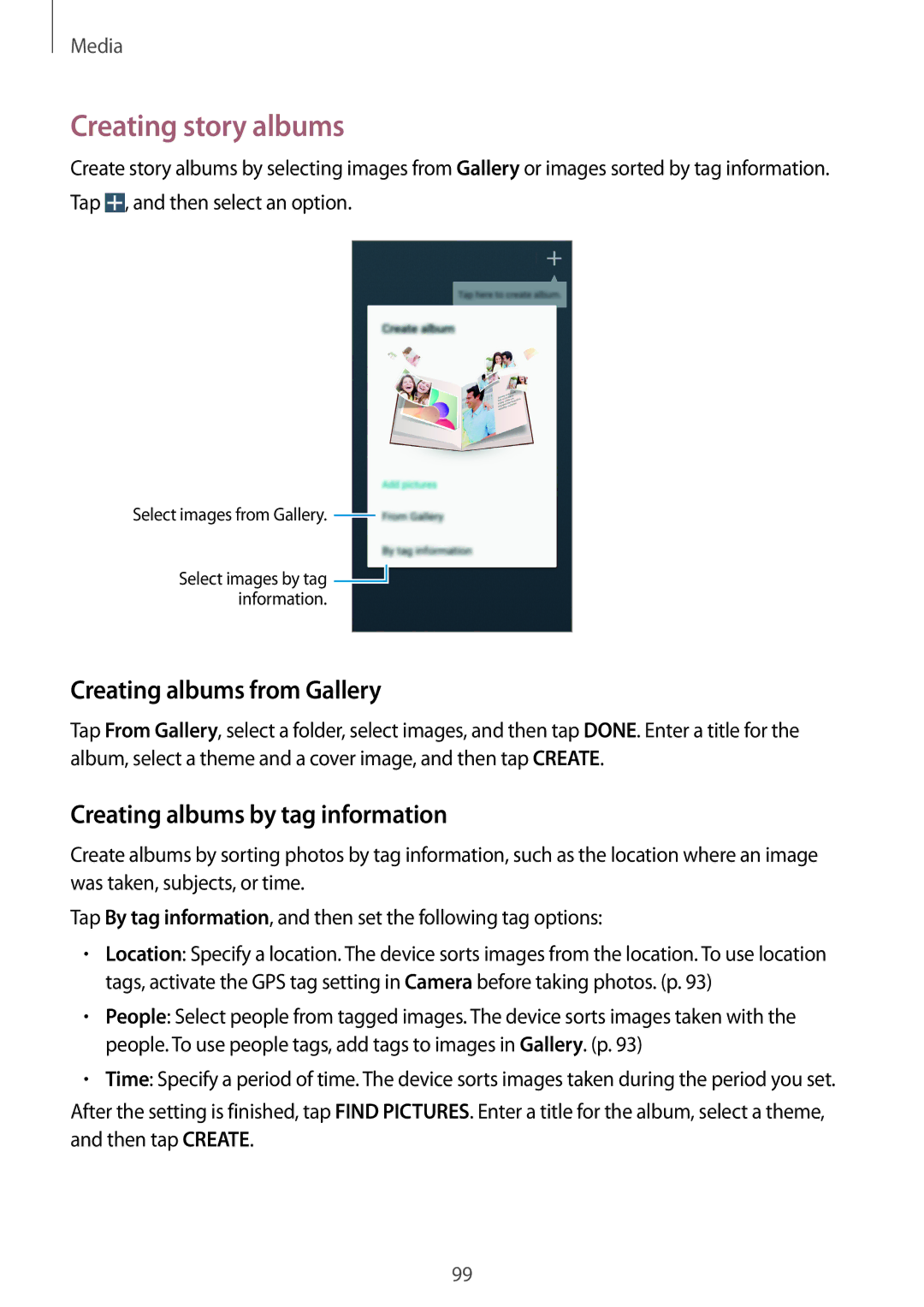 Samsung SM-N9005ZREEGY manual Creating story albums, Creating albums from Gallery, Creating albums by tag information 