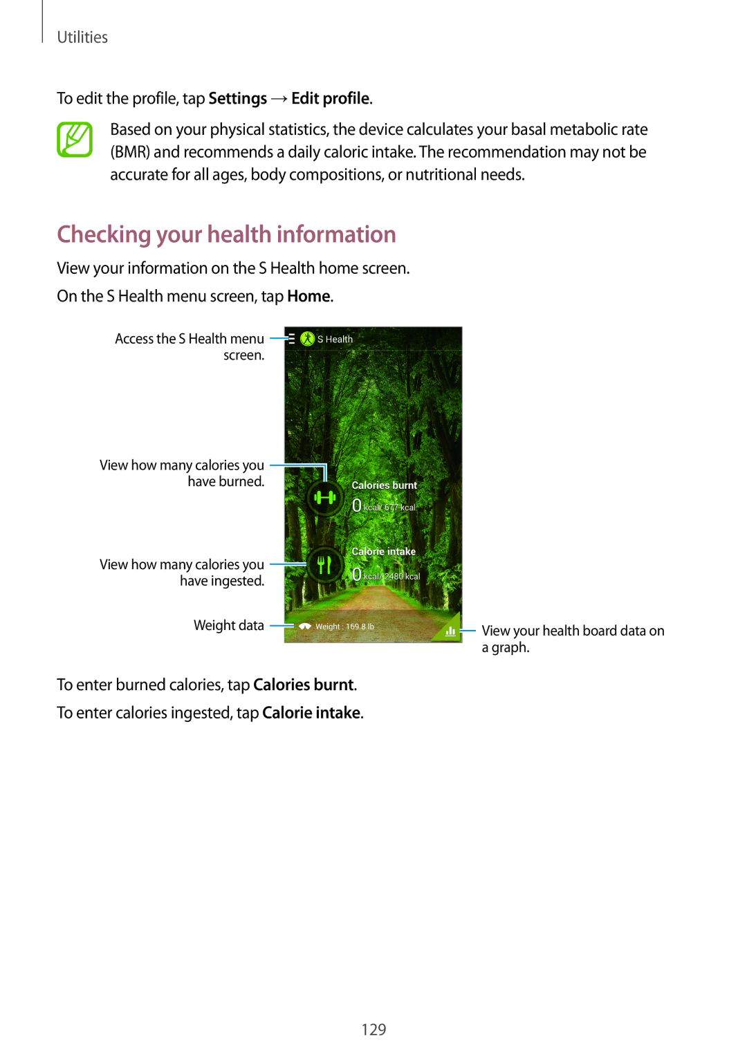 Samsung SM-N9005WDEEGY, SM-N9005ZKEEGY Checking your health information, To edit the profile, tap Settings →Edit profile 