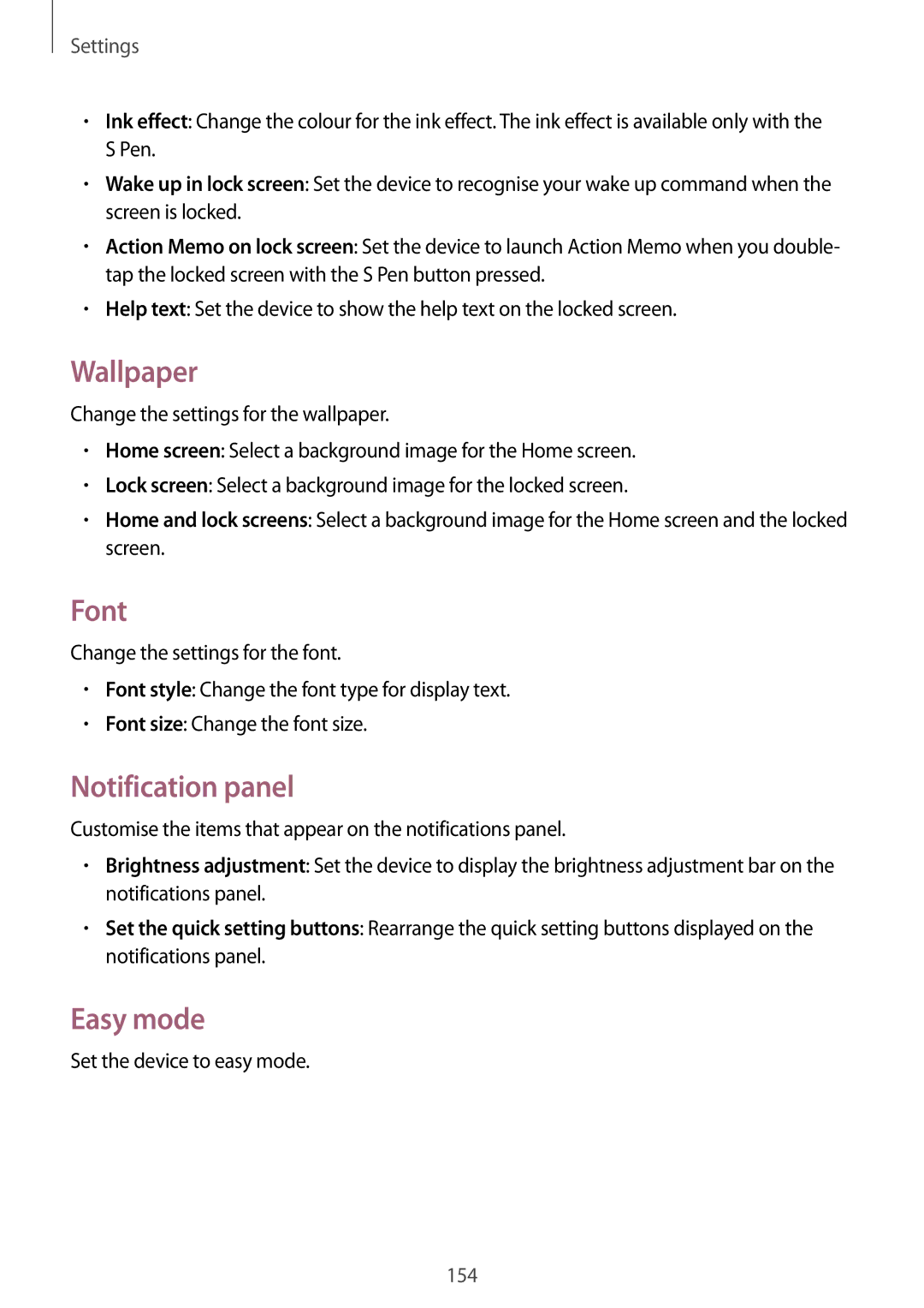 Samsung SM-N9005ZIEEGY, SM-N9005ZKEEGY manual Wallpaper, Font, Notification panel, Easy mode, Set the device to easy mode 