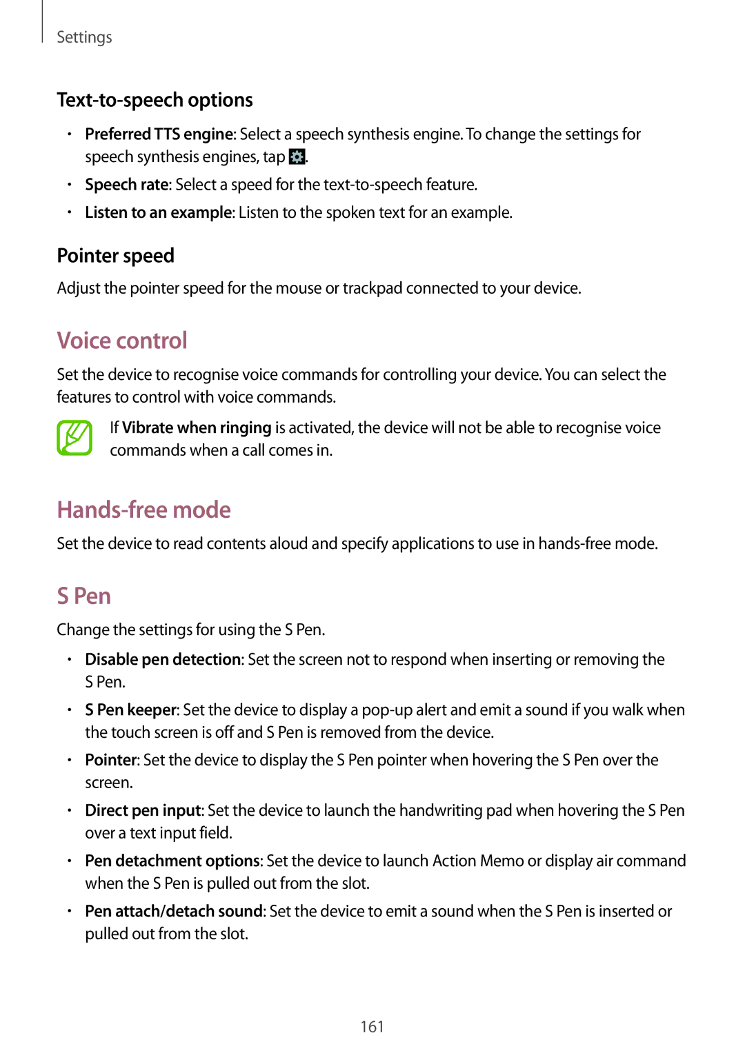Samsung SM-N9005BDEEGY, SM-N9005ZKEEGY, SM-N9005ZIEEGY manual Voice control, Pen, Text-to-speech options, Pointer speed 