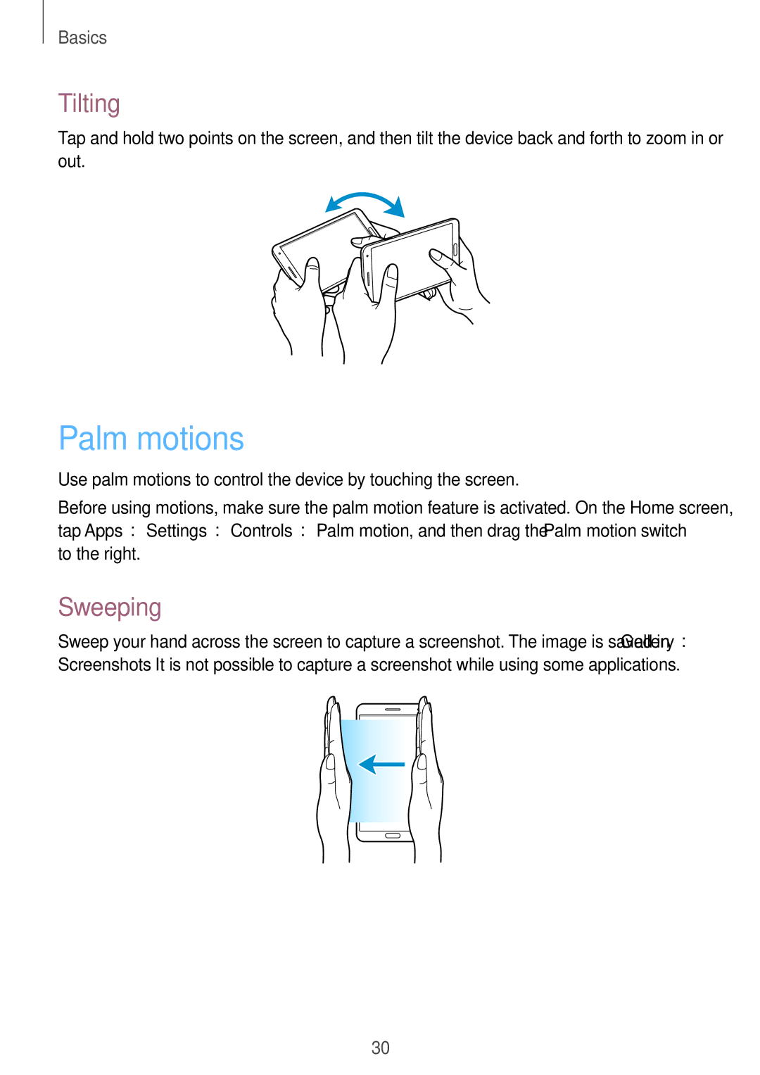 Samsung SM-N9005BDEAFR, SM-N9005ZKEEGY, SM-N9005ZIEEGY, SM-N9005ZIEKSA, SM-N9005ZREAFR manual Palm motions, Tilting, Sweeping 