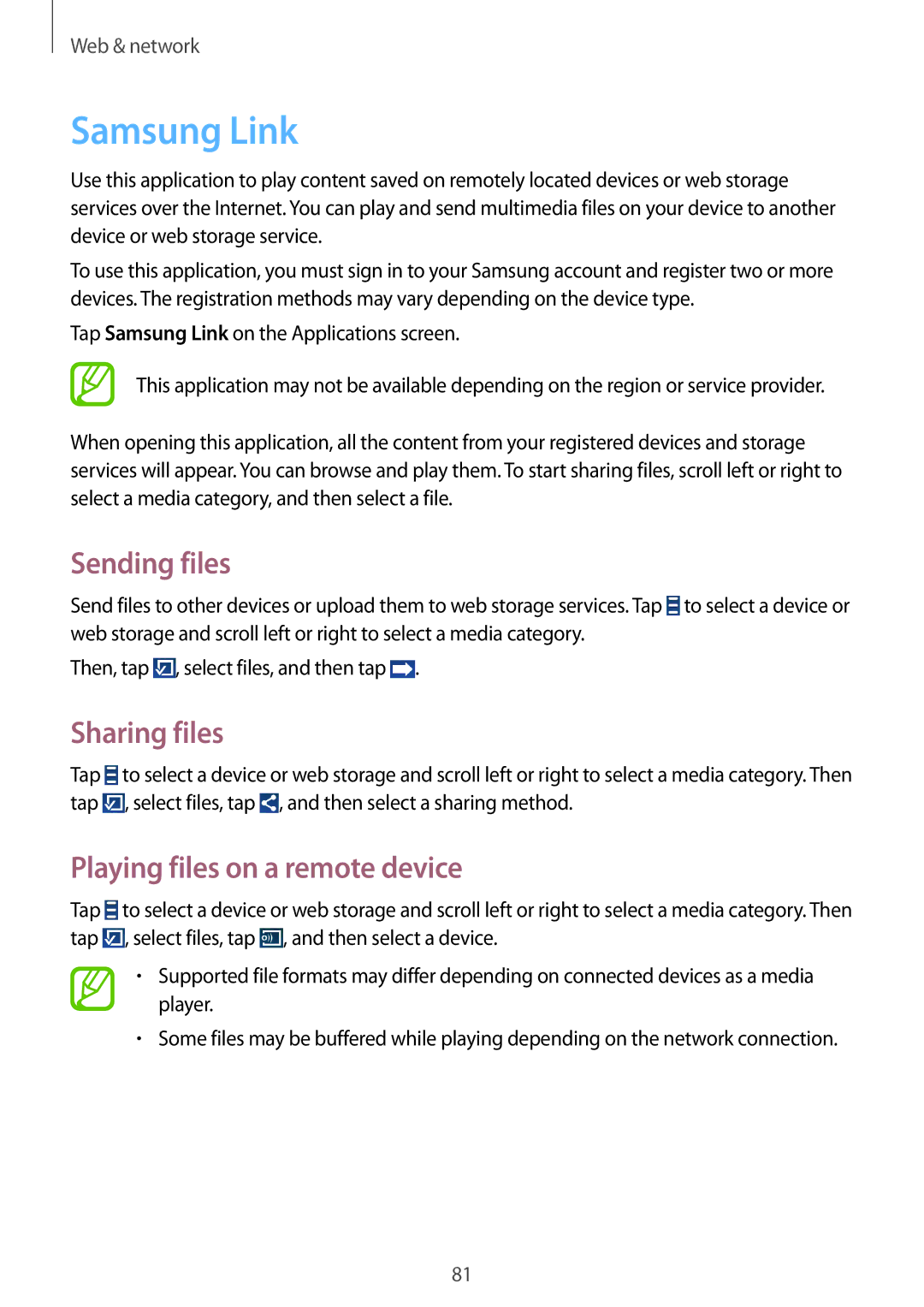 Samsung SM-N9005BDEAFR, SM-N9005ZKEEGY manual Samsung Link, Sending files, Sharing files, Playing files on a remote device 